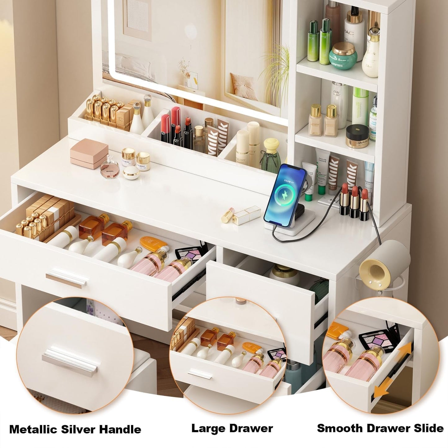 Vanity Desk With Ultra Bright Illuminated Mirror Storage