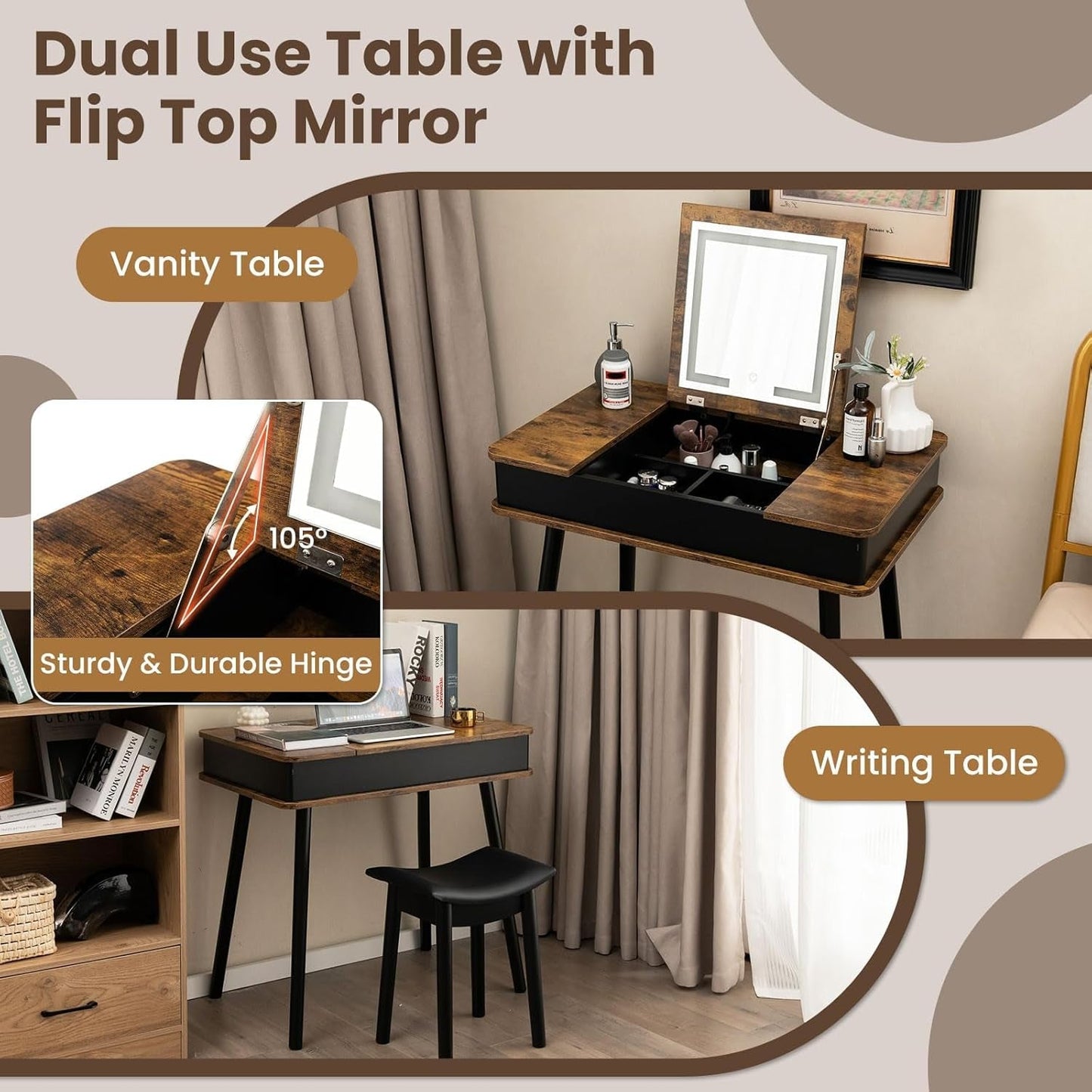 Rustic Brown Vanity Desk With Customizable Lighting