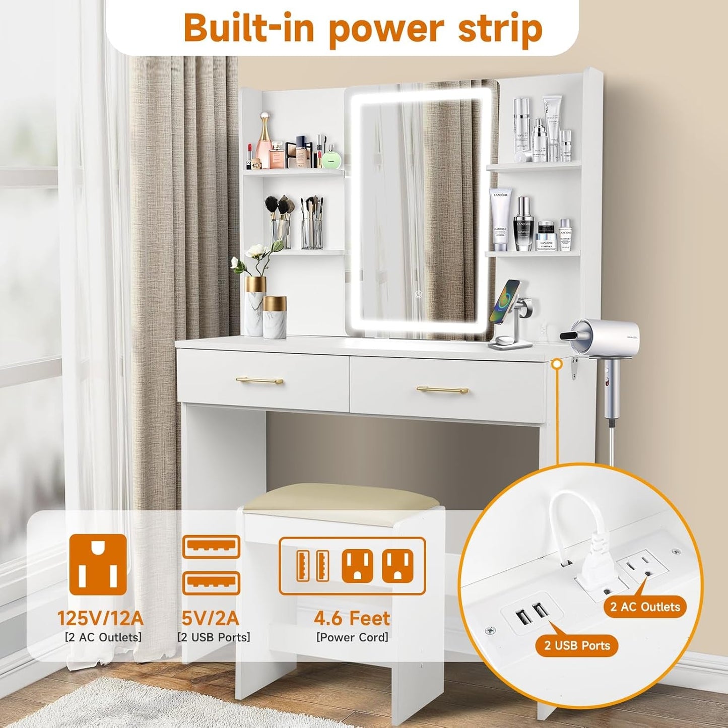 Luxurious White Vanity Integrated LED Mirror Outlet