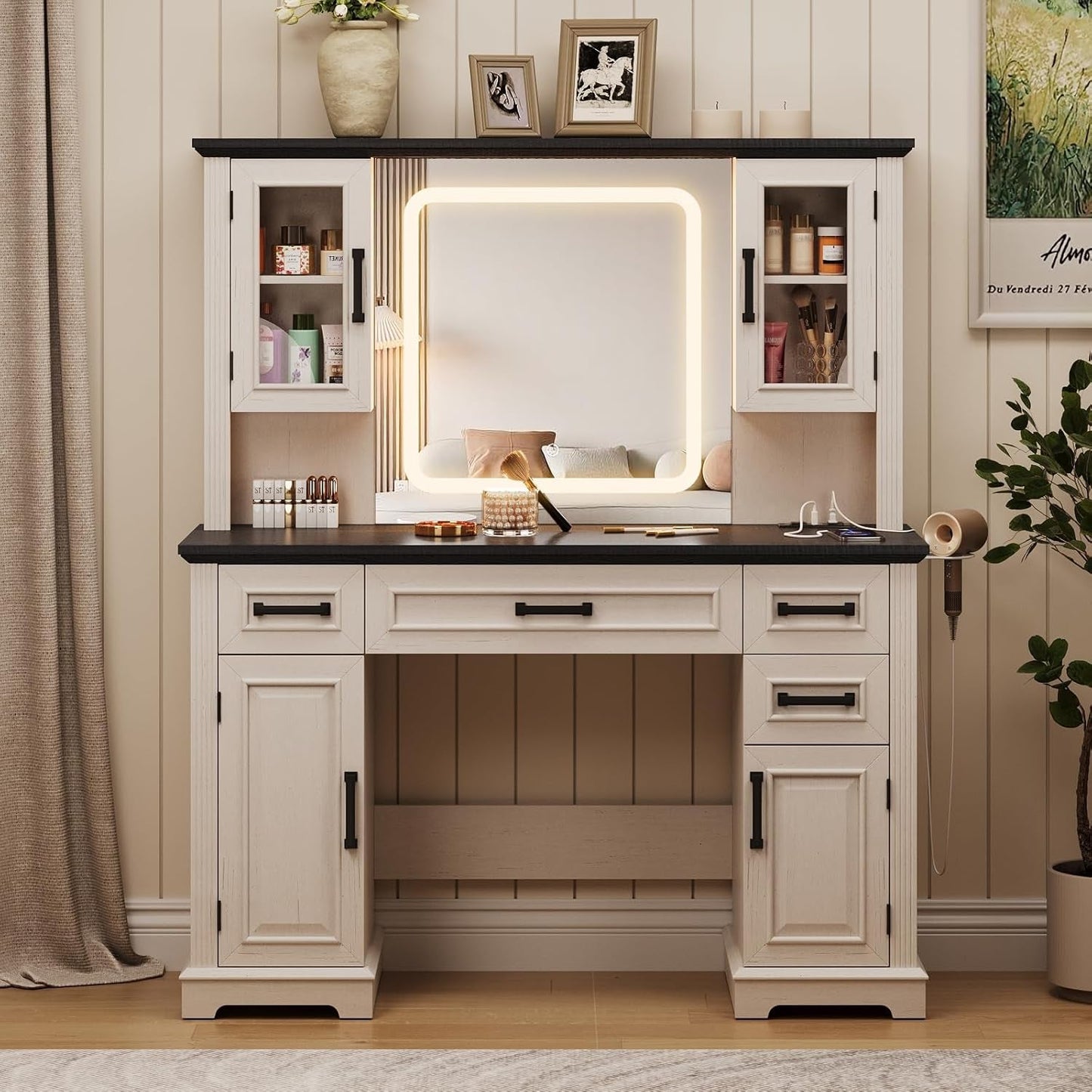 Forty Five Inch Wide White Vanity Desk LED Mirror Storage Unit