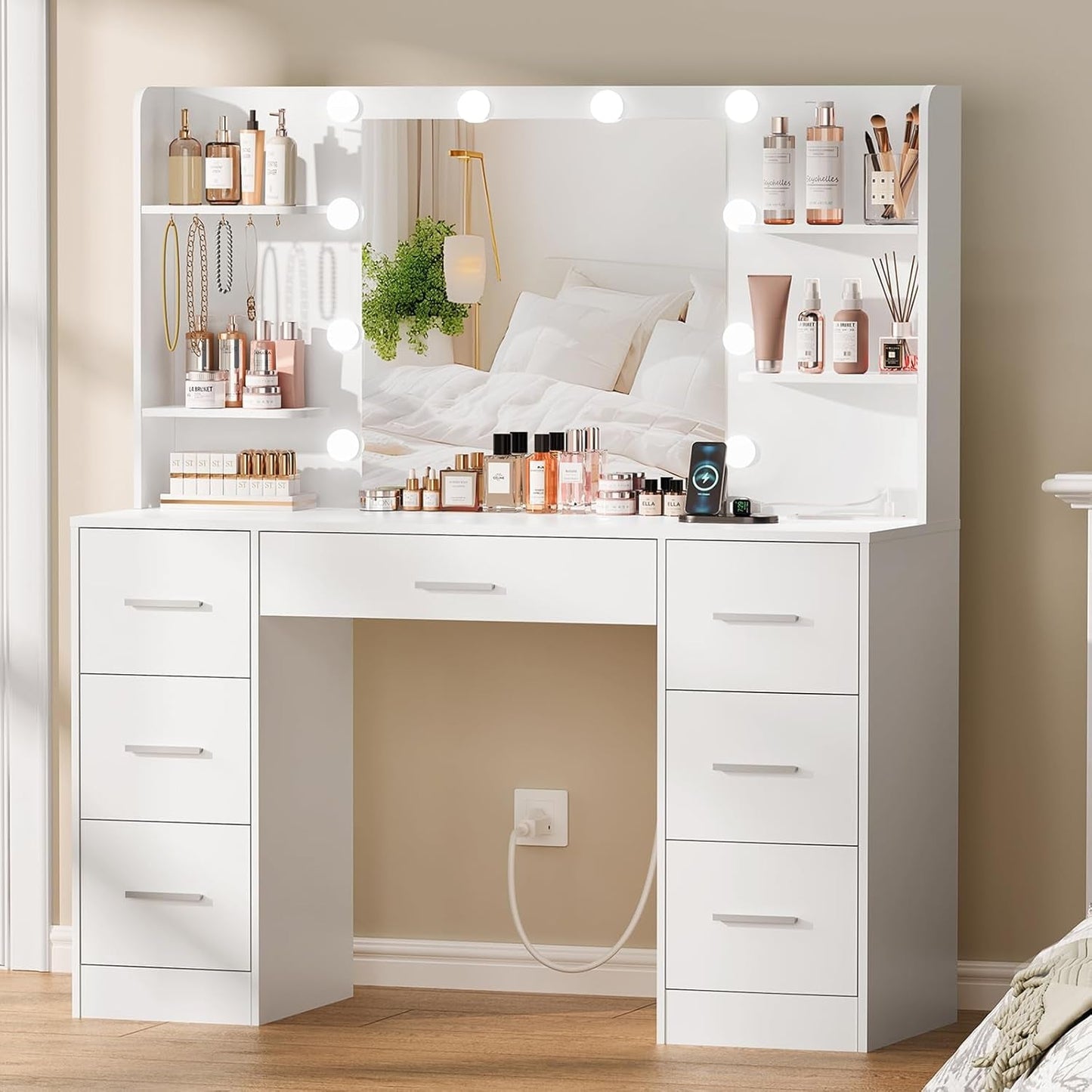 White Vanity Desk With Integrated LED Mirror Outlet