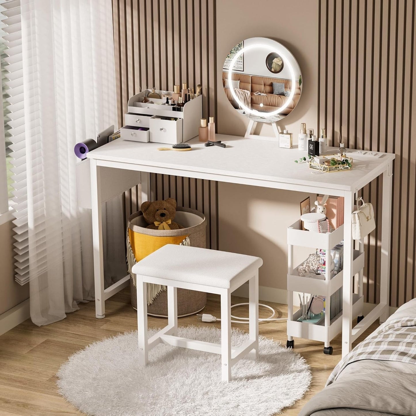 47 Inch White Vanity Desk With Power Outlet Lighted Mirror