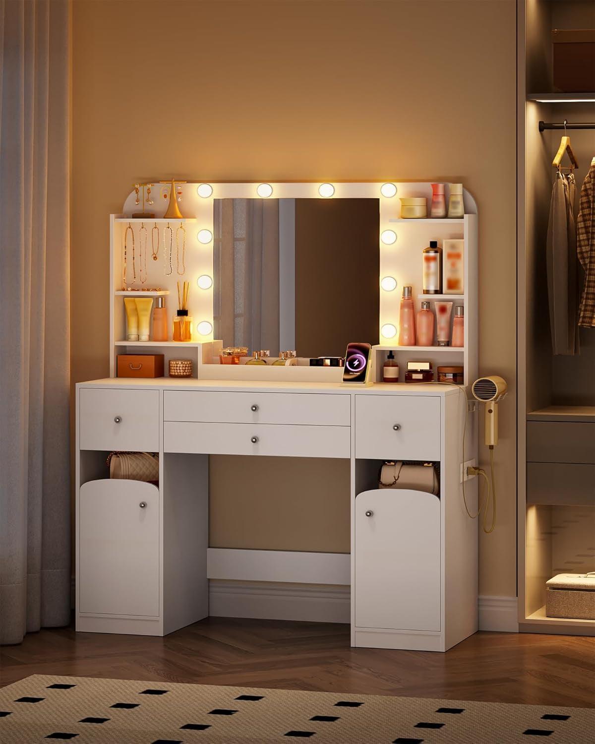 42.5-Inch Vanity Desk With LED-Illuminated Mirror System
