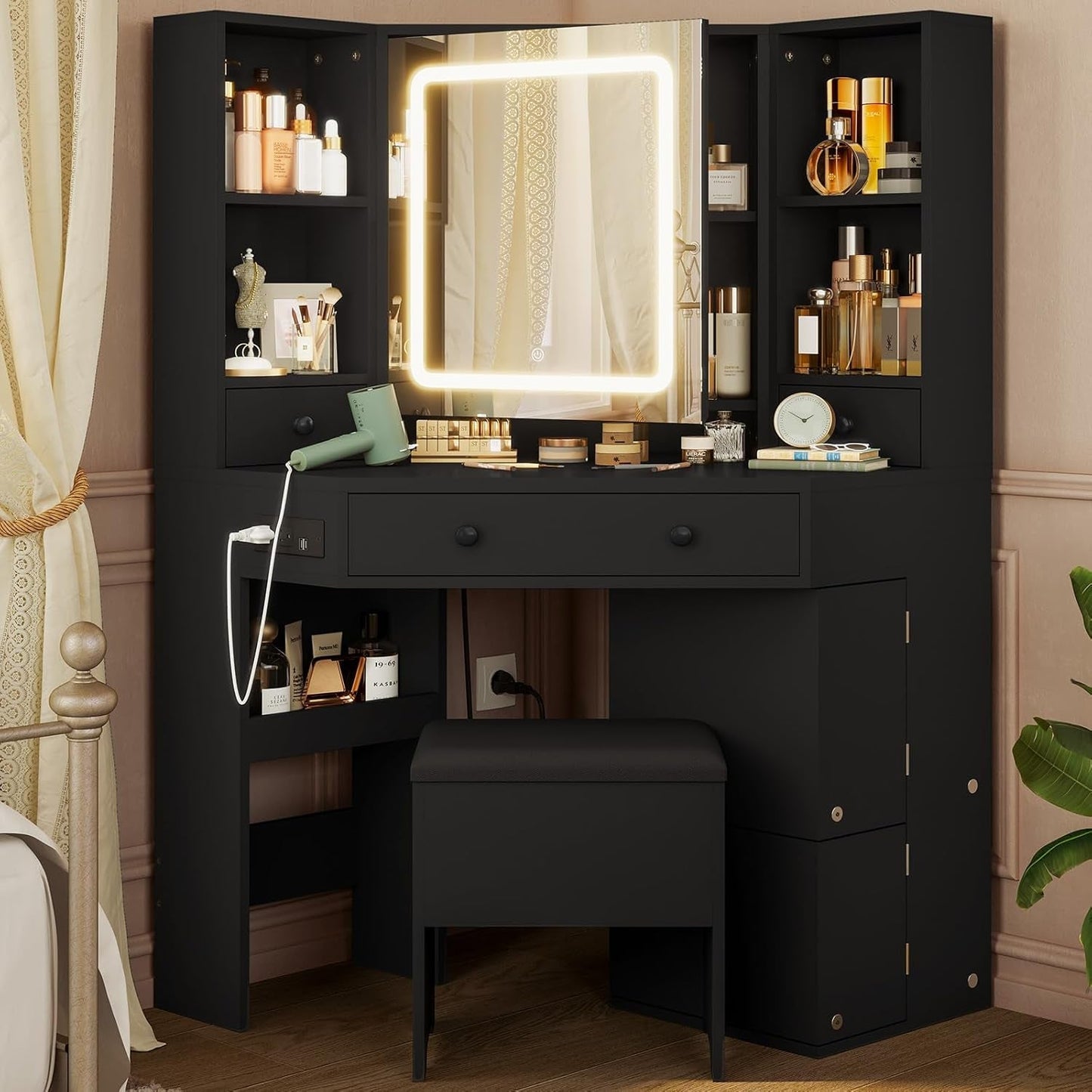 Corner Vanity Desk With Illuminated Mirrored Lights