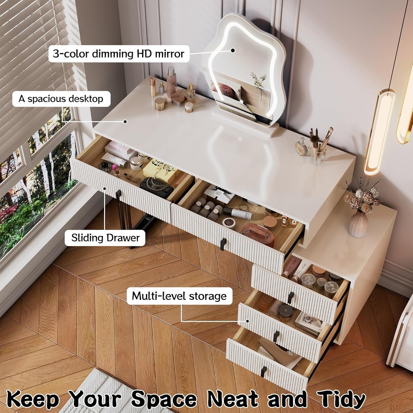 Compact Vanity Desk With Illuminated Mirror Drawers