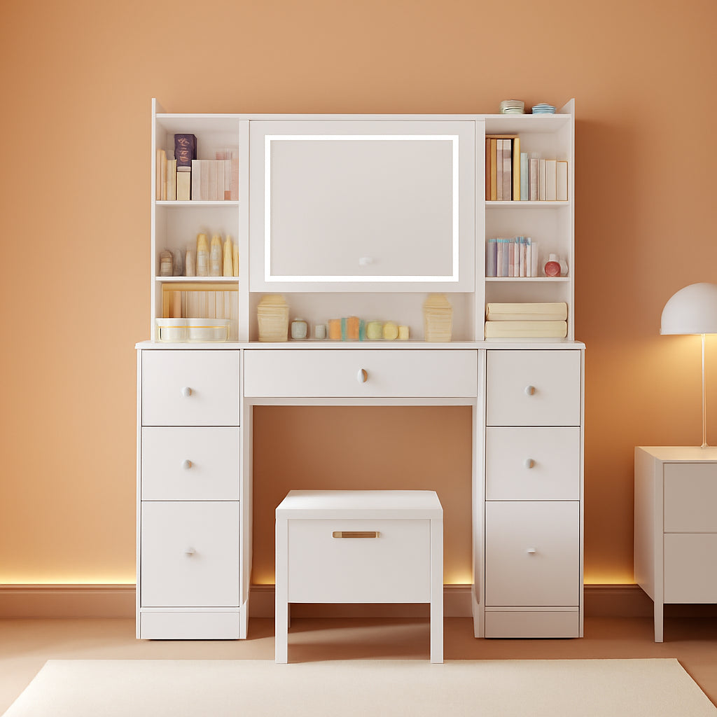 White Vanity Desk Dimmable LED Mirror Storage Space