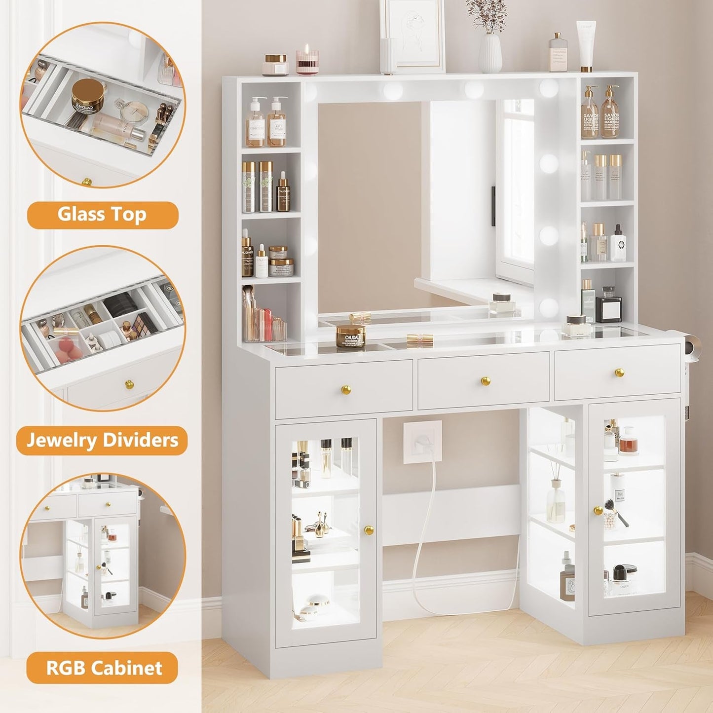 White Glass Vanity Desk With Multi functional Lighting