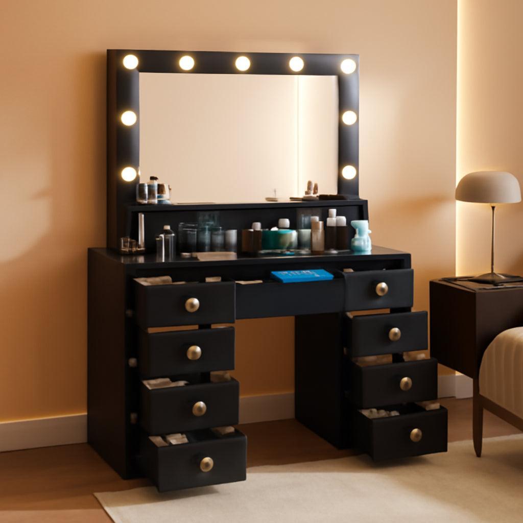 Black Vanity Desk With Illuminated Mirror Lighting