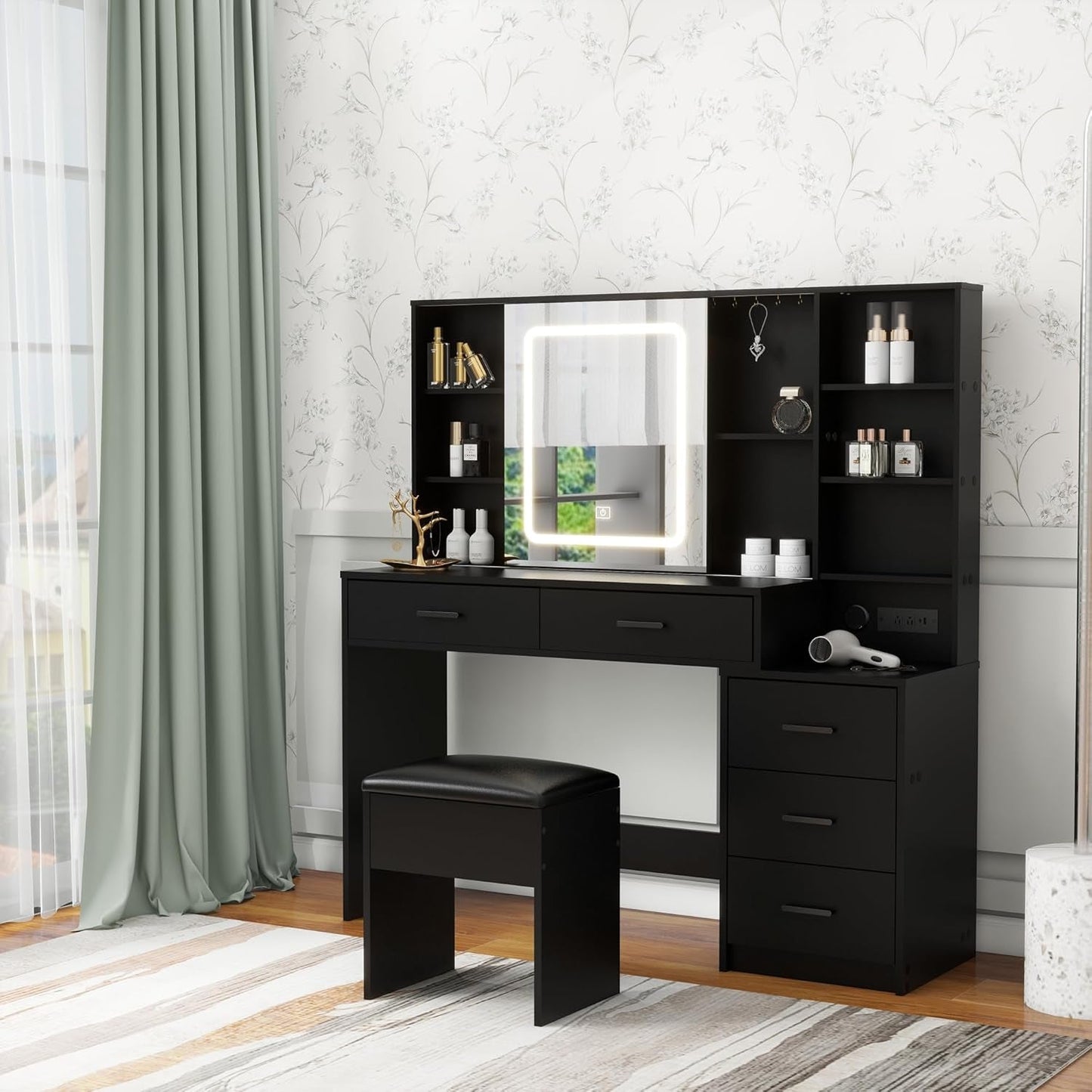 Black Vanity Desk With Large Mirror Illumination Mode