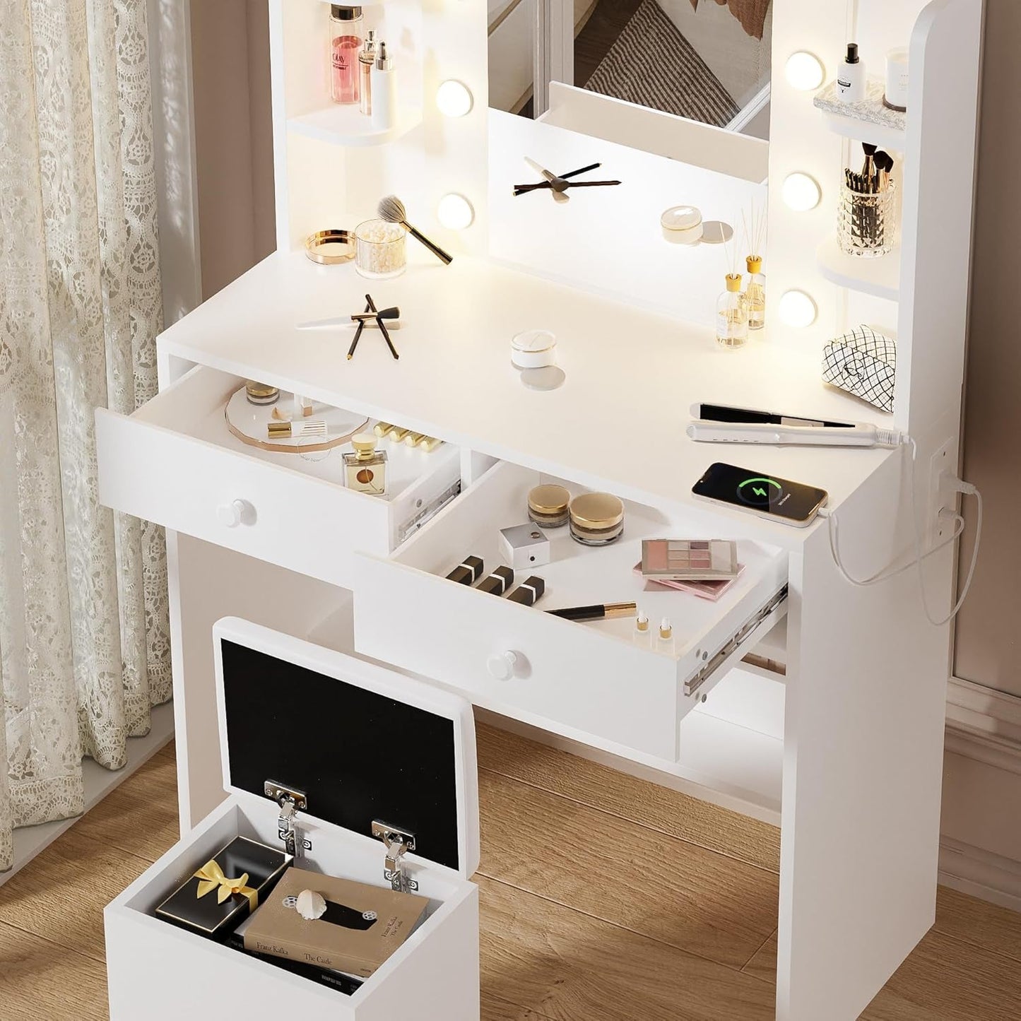 White Vanity Table With Illuminated Mirror Drawers