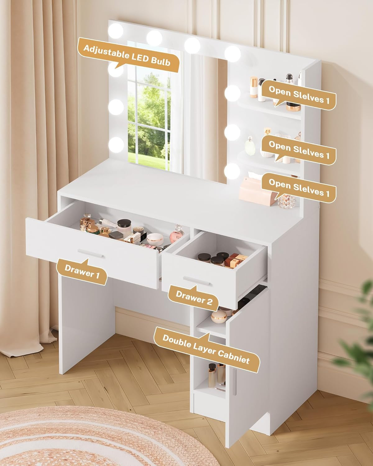 Luxurious White Vanity Desk Featuring Dimmable Mirror