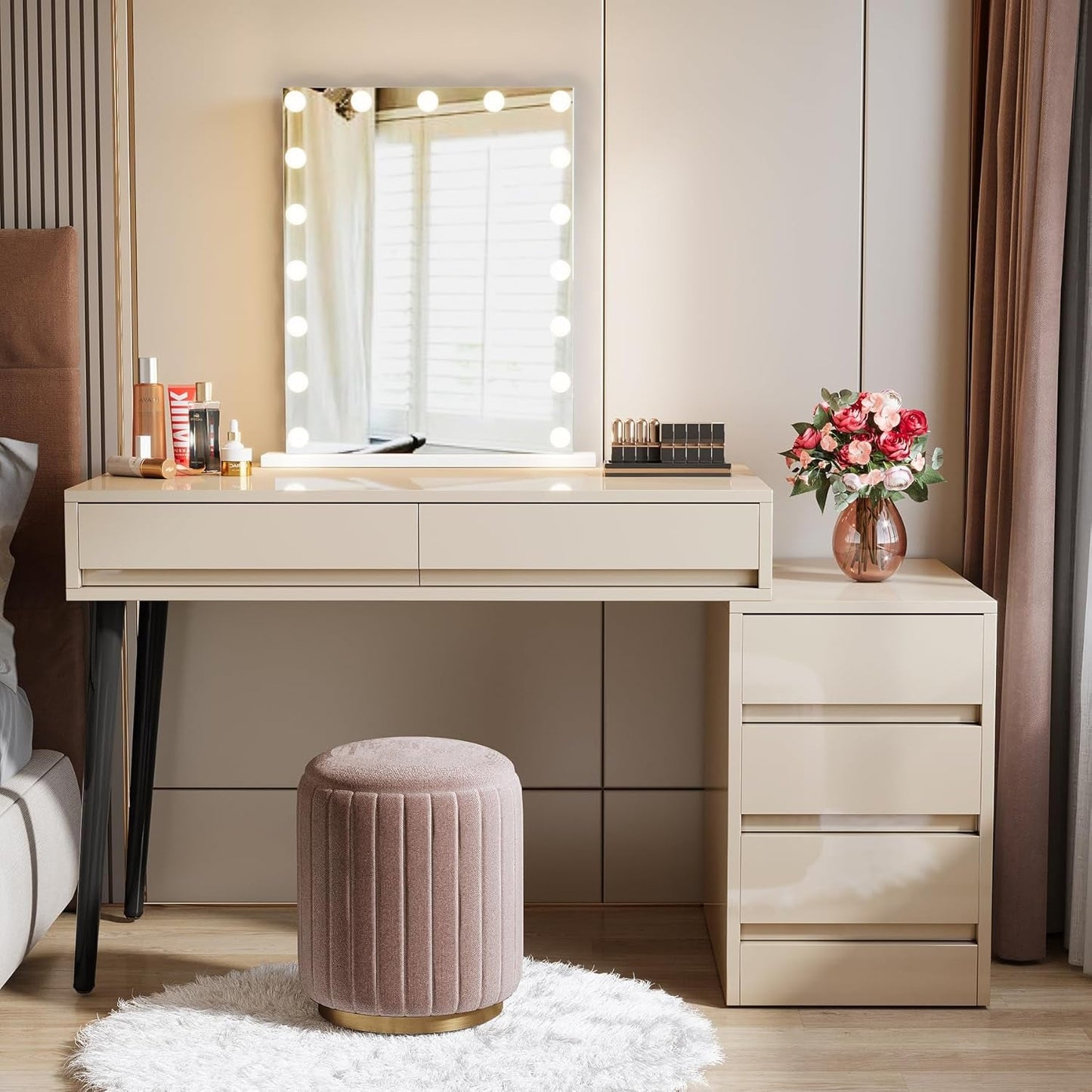 Glossy Beige Vanity Desk With Reversible FiveDrawers