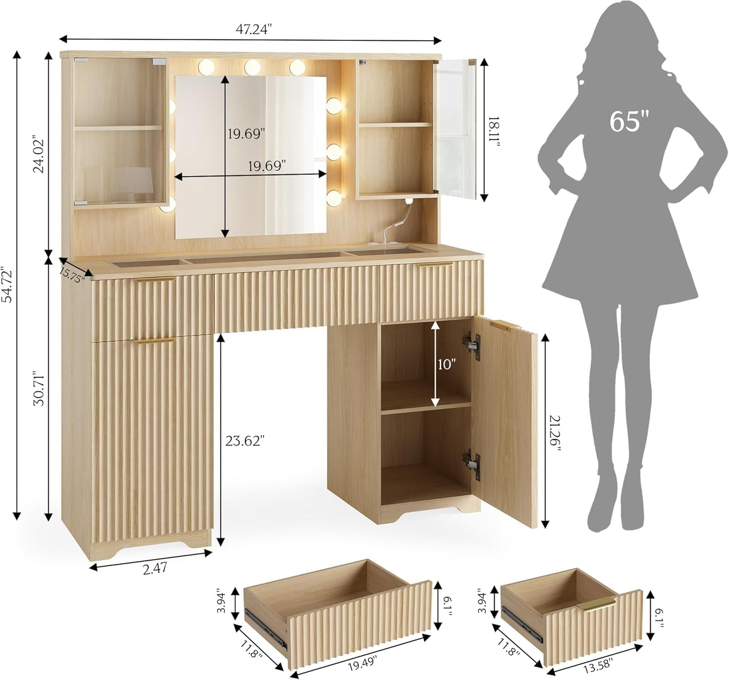 Fluted Wood Vanity Desk 48 Inch Tempered Glass Mirror