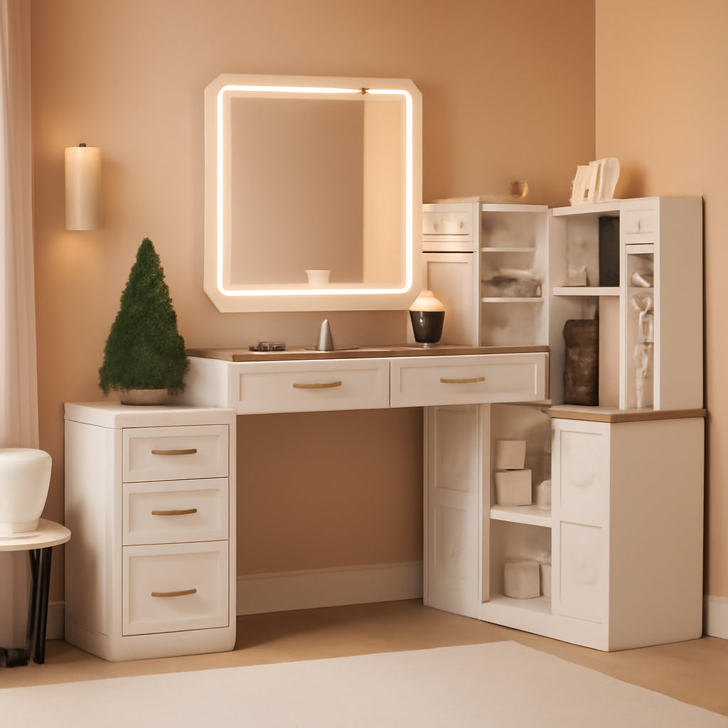 White Vanity Desk With Luxurious Illuminated Mirror
