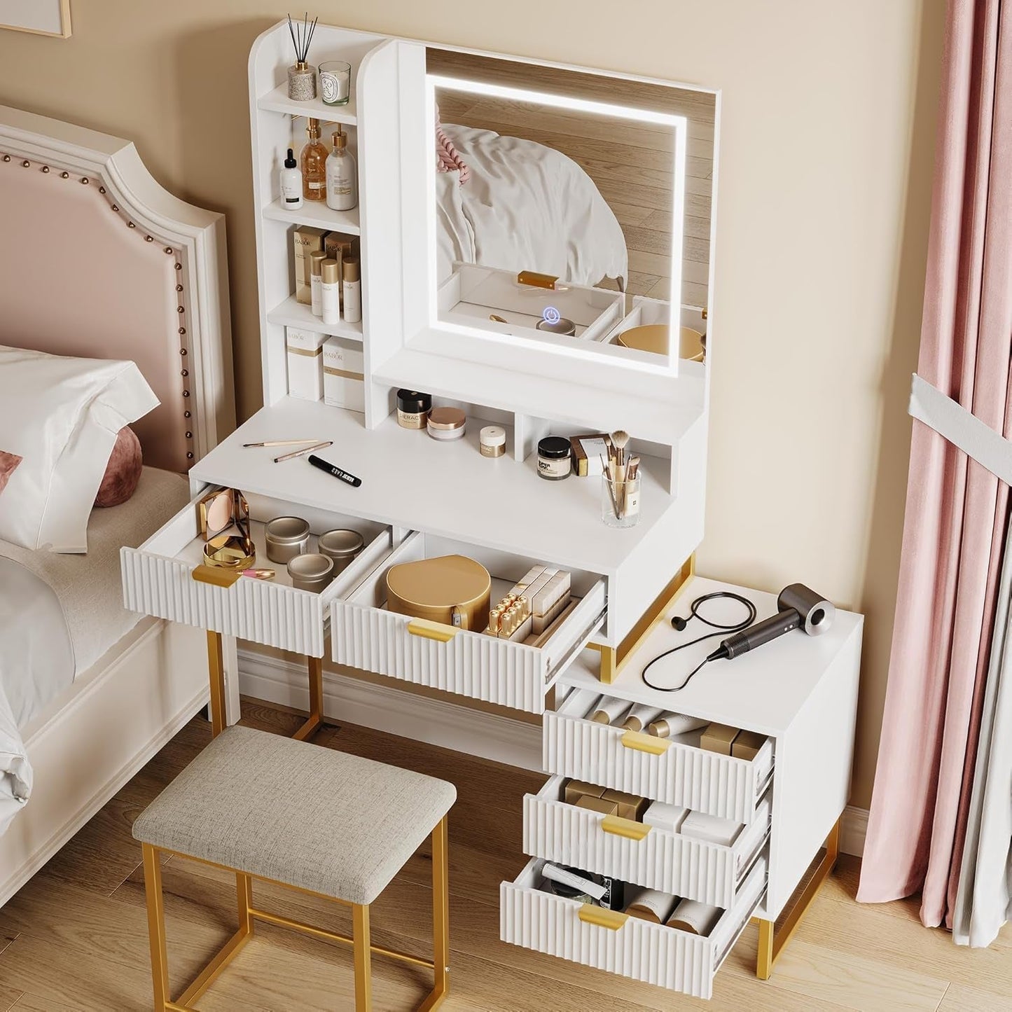 Cosmetic Vanity Desk Illuminated Mirror White Gold