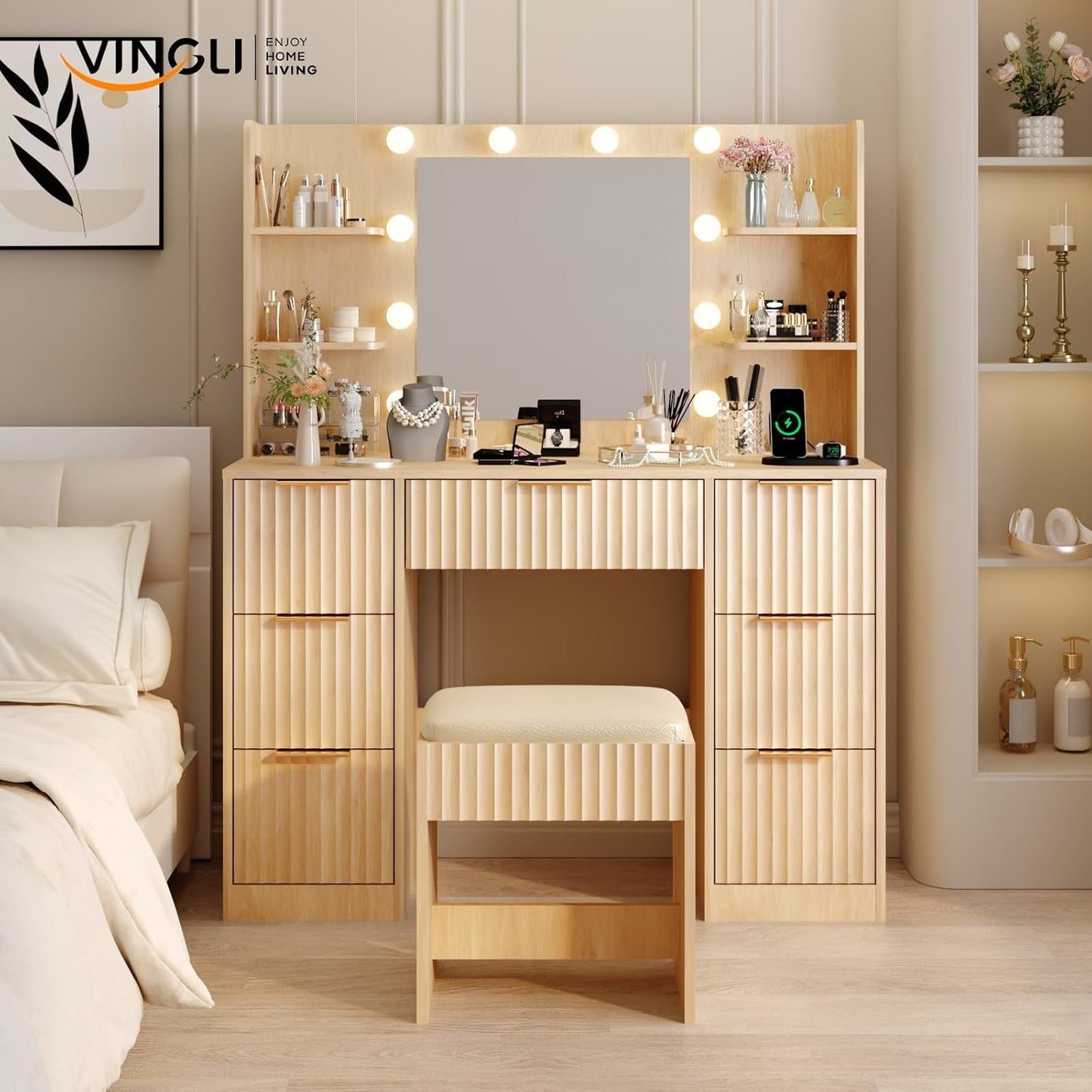 Espresso Oak Fluted Vanity Desk With Integrated Outlet