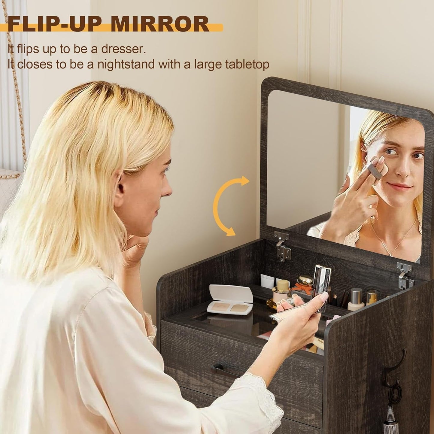 Compact Three In One Vanity Desk Mirror Dark Oak Finish