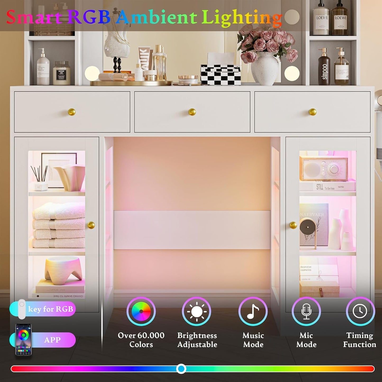 White LED Lighted Makeup Vanity Desk with Drawers