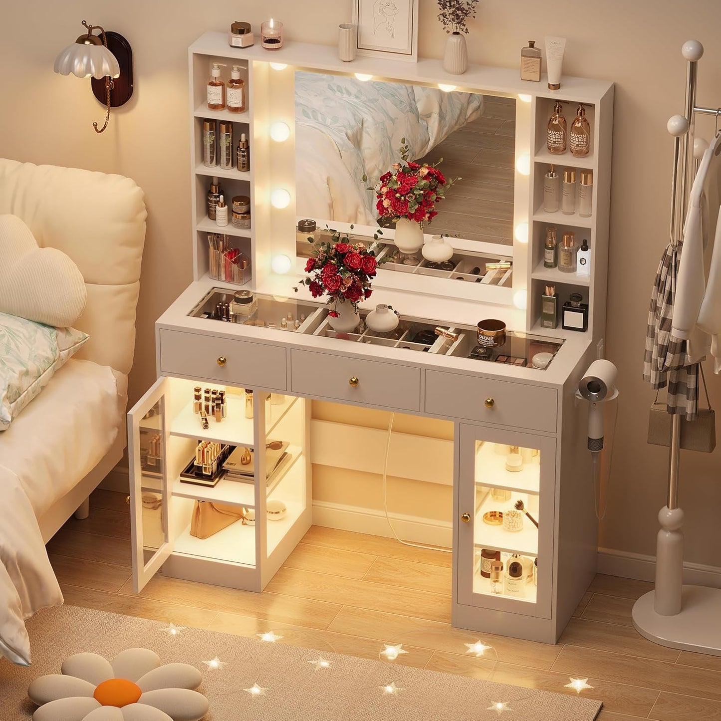 White Glass Vanity Desk With Multi functional Lighting