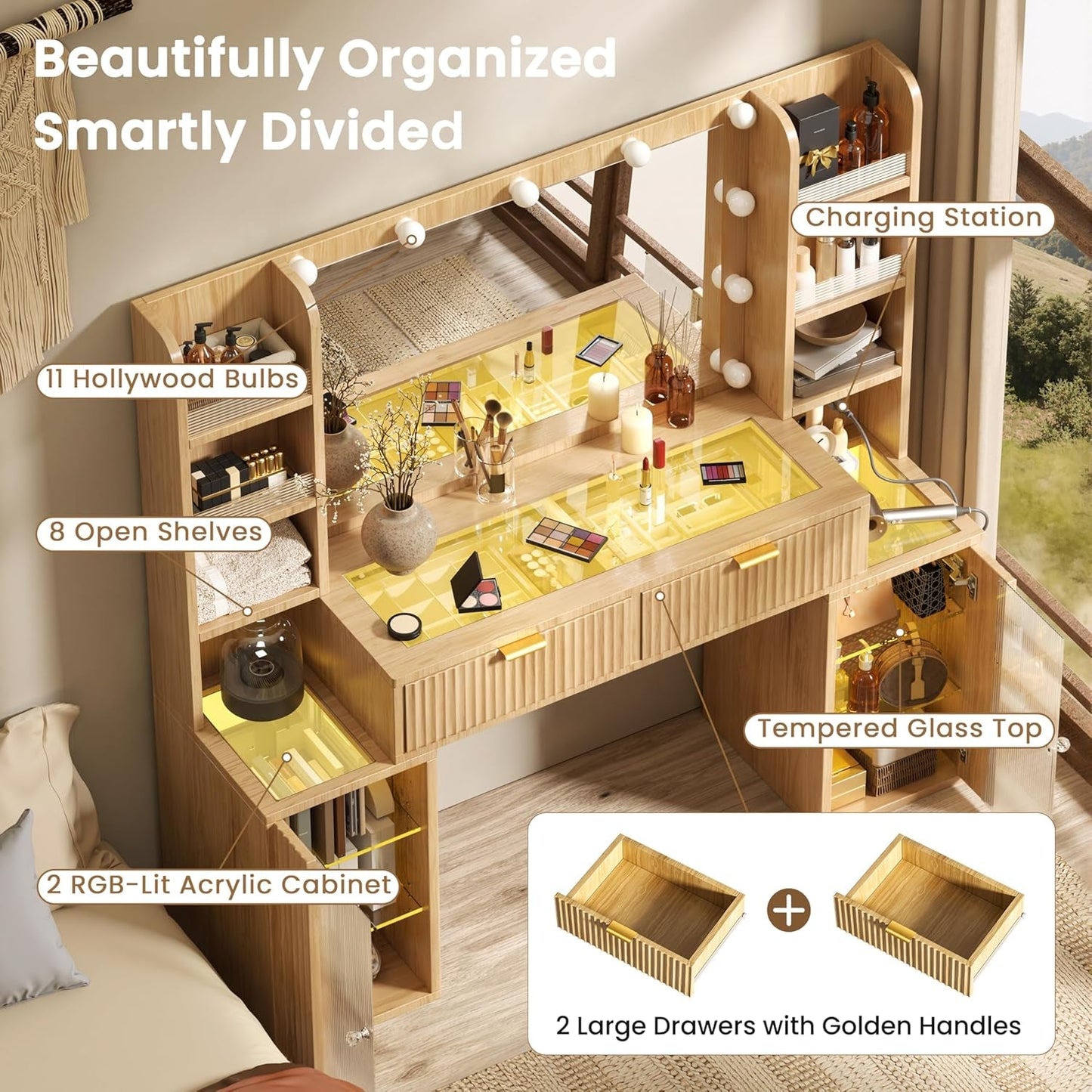 Oak Fifty Six Inch Ultra Luxurious Makeup Vanity Desk Lights