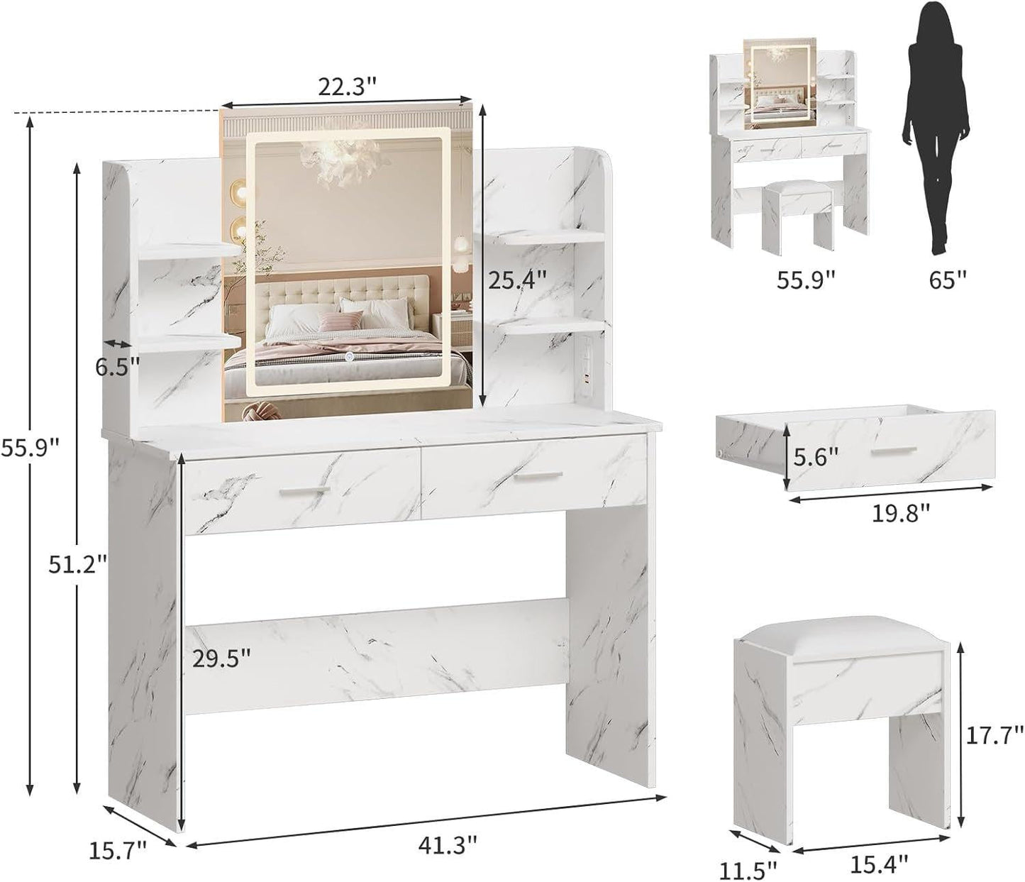 Marble White Vanity Desk With Premium Illumination