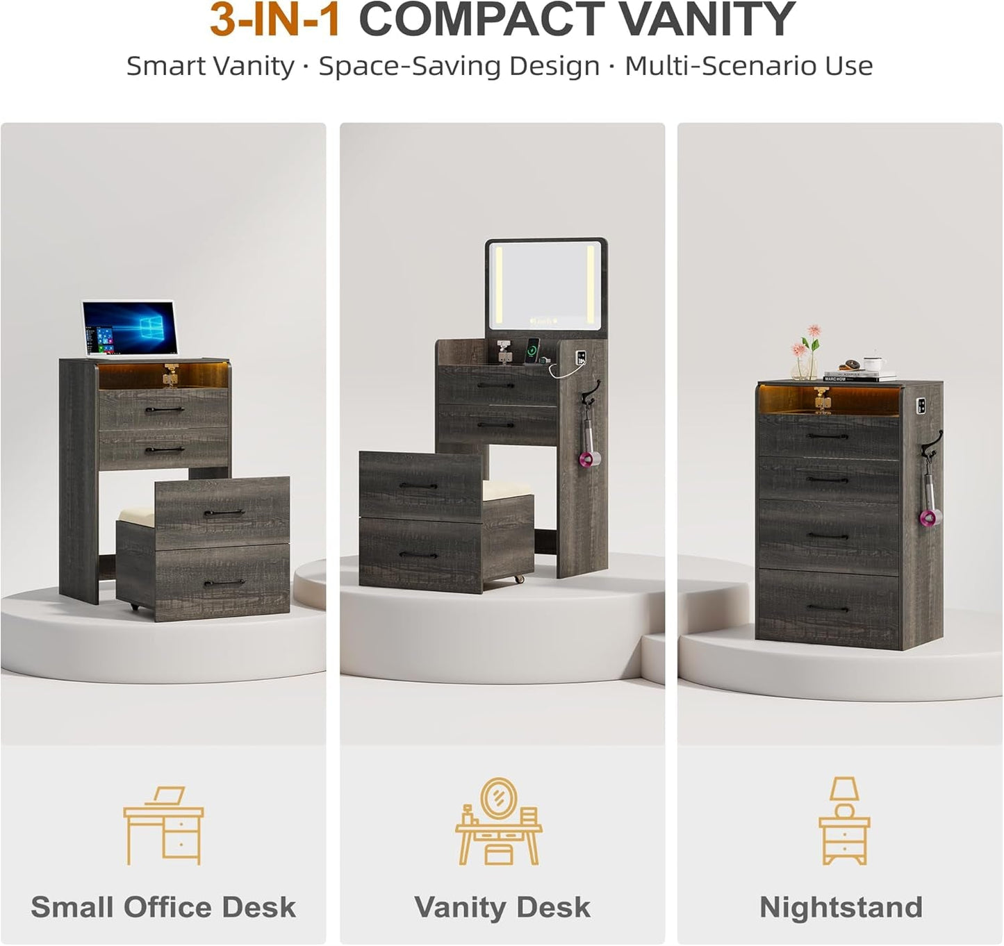 Compact Vanity Desk With Crystal Glass Top Oak Finish