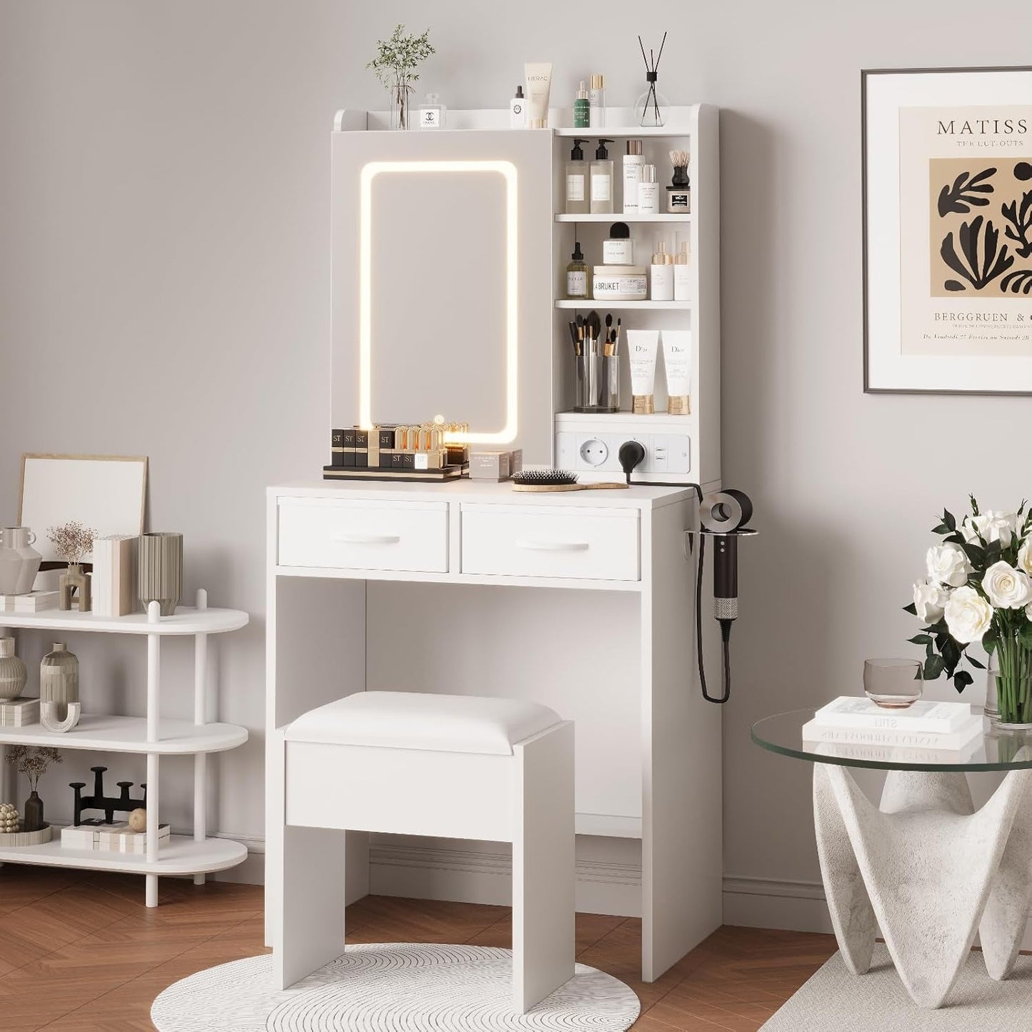 White Vanity Desk Featuring Illuminated Mirror Outlets