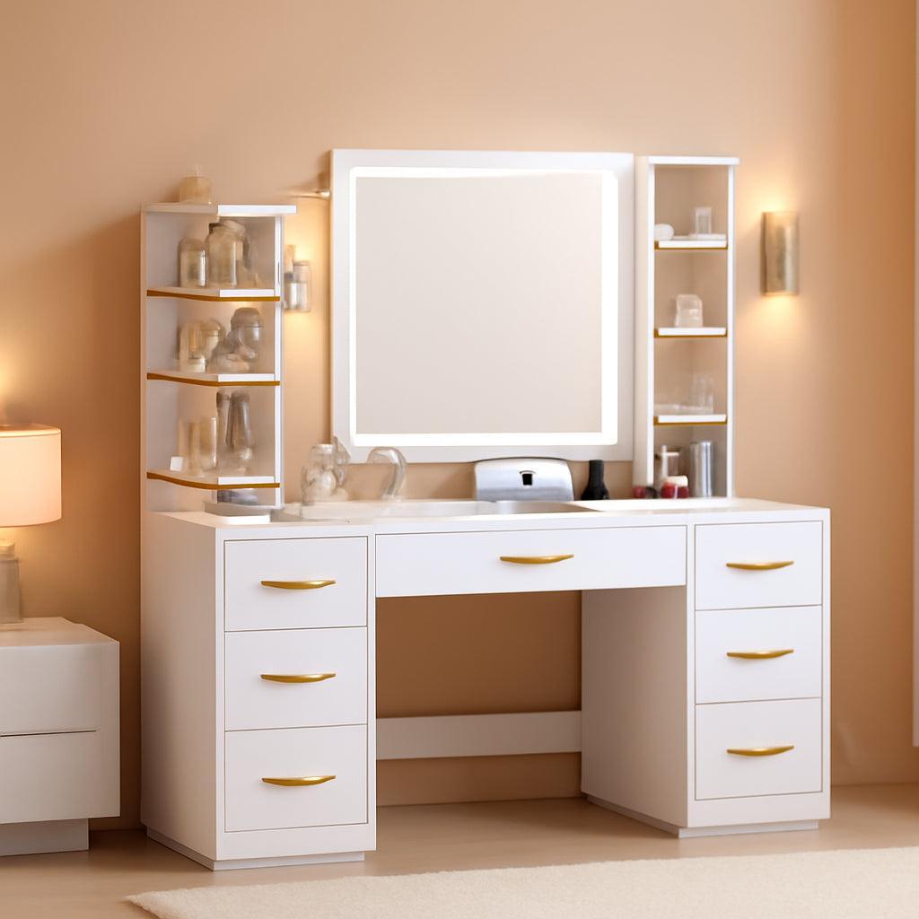 White Illuminated Vanity Desk With Rotating Organizer