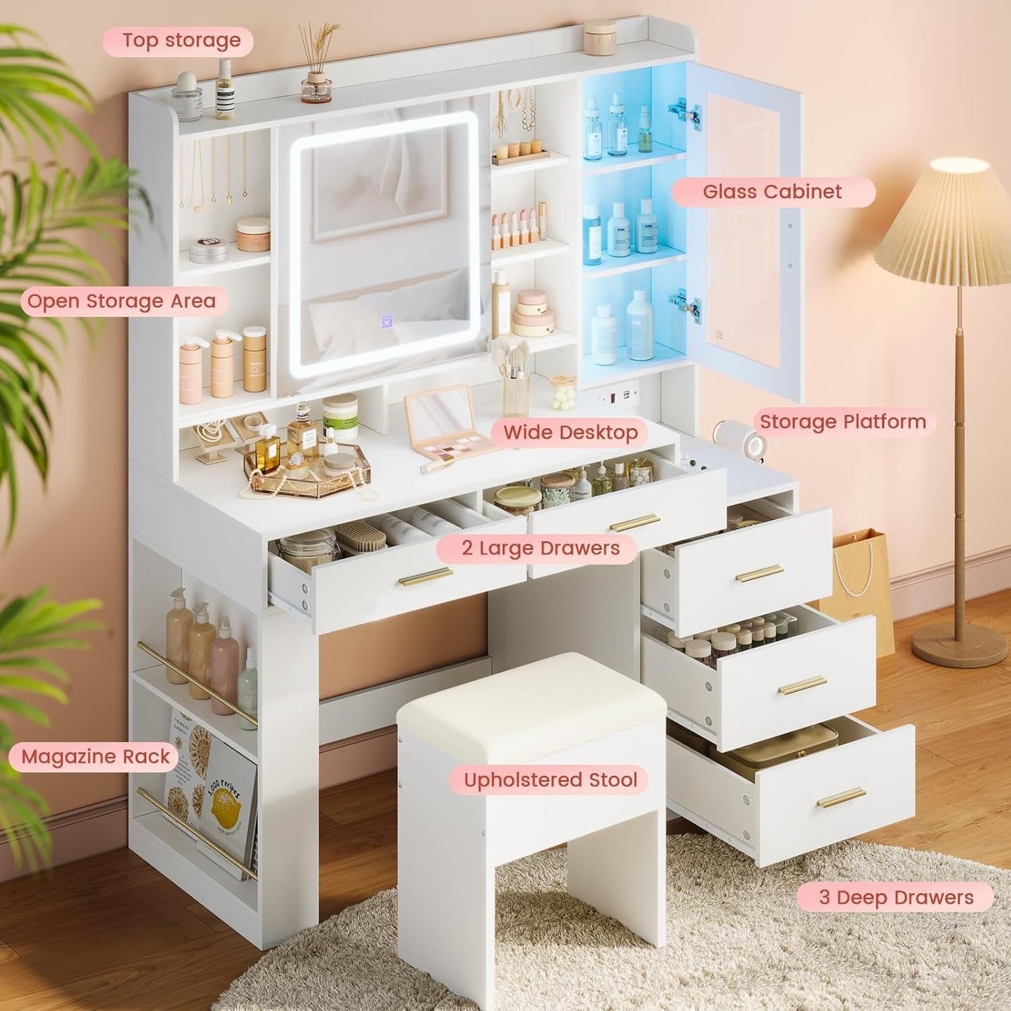 White Makeup Vanity Desk 47 Inches LED Illuminated Mirror