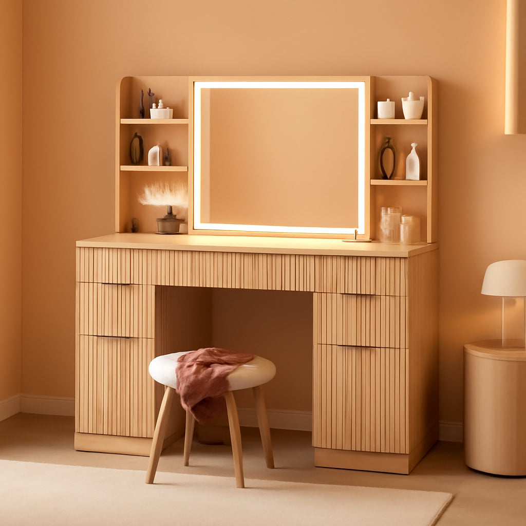 51 Inch Wide Fluted SolidWood Vanity Desk LED Mirror