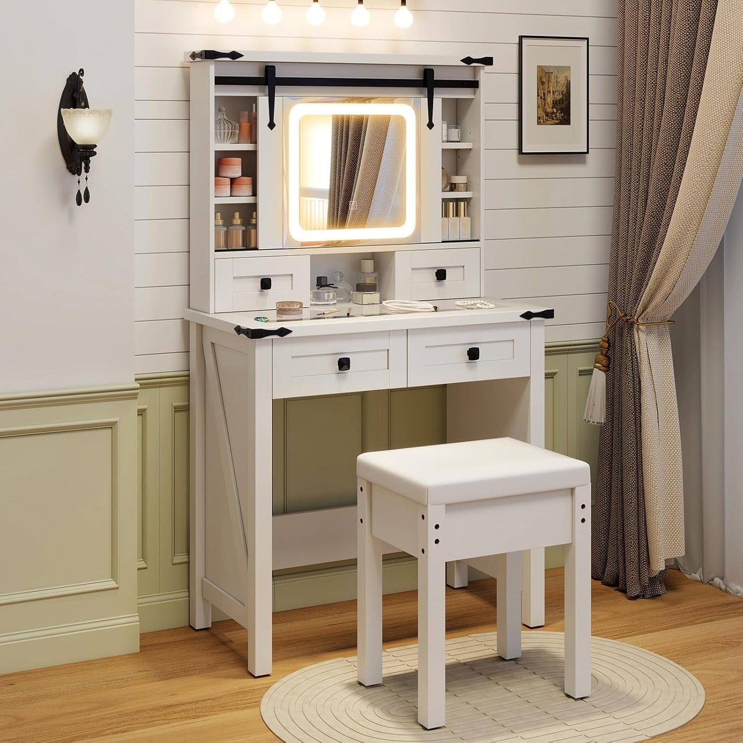 White Vanity Desk With Sliding Mirror Illumination