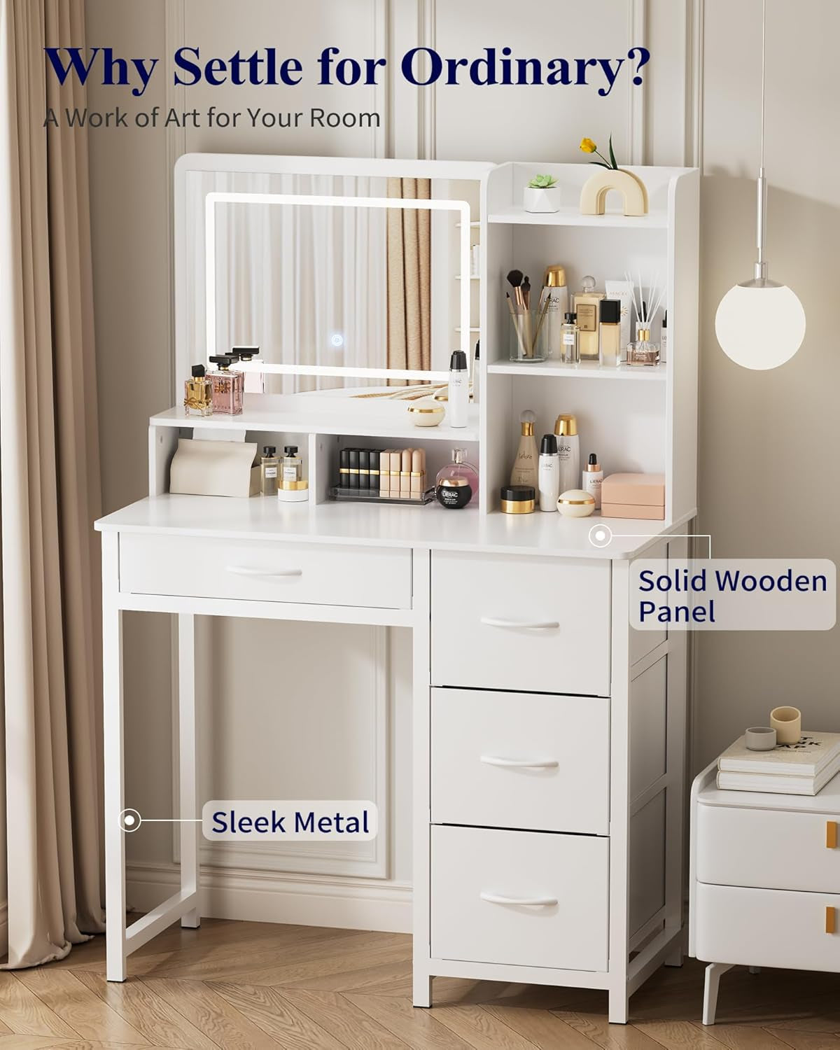 White Vanity Desk With Large Capacity Mirror Lights