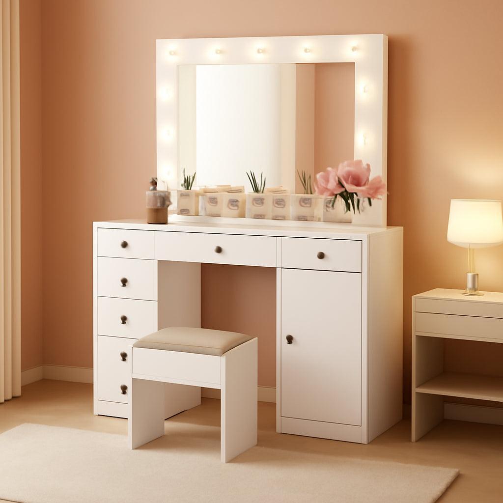 White Vanity Desk With Mirror And Storage Drawers Pro