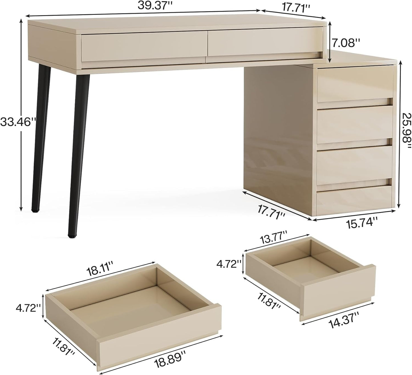 Glossy Beige Vanity Desk With Reversible FiveDrawers