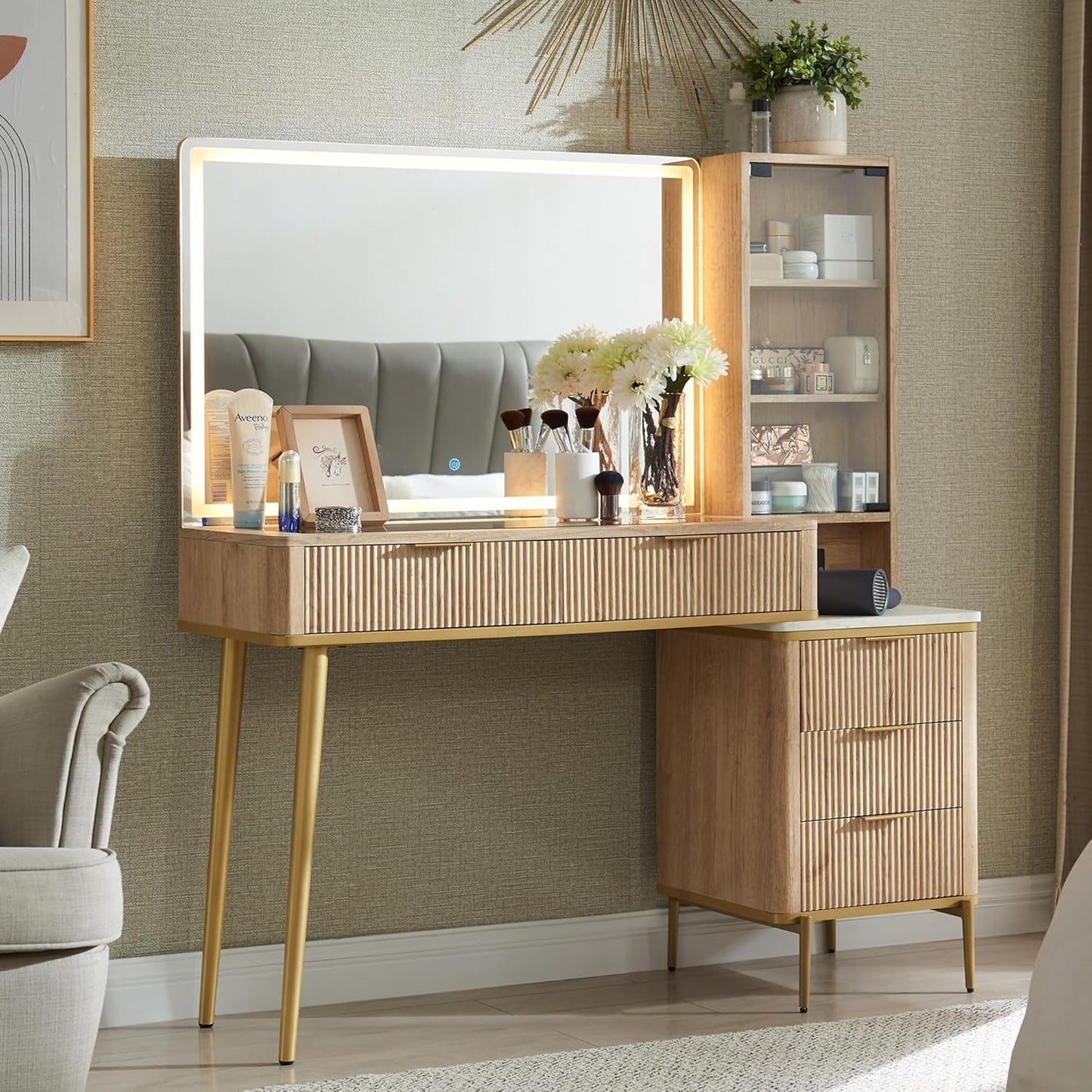 Fluted Vanity Desk 36 Inch Illuminated Cosmetic Mirror