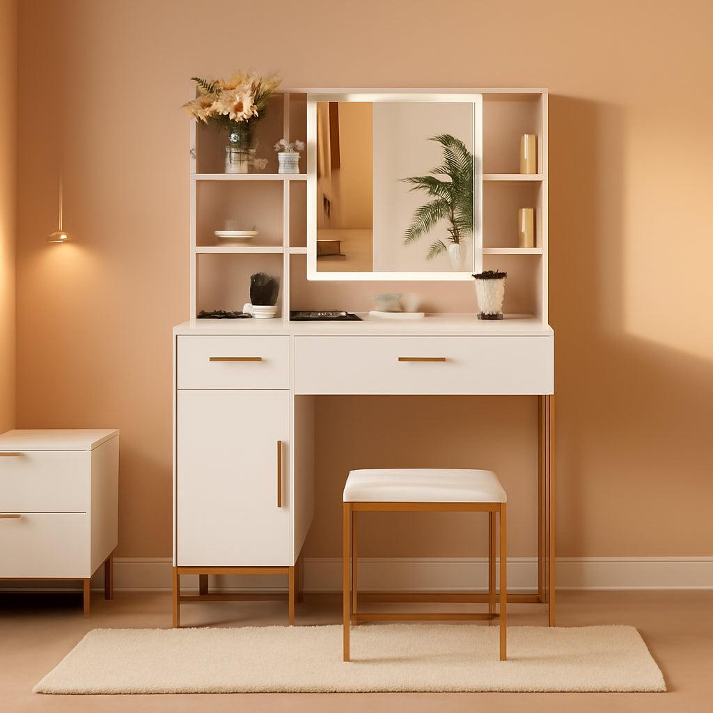 White Makeup Vanity Desk With Integrated LED Lighting
