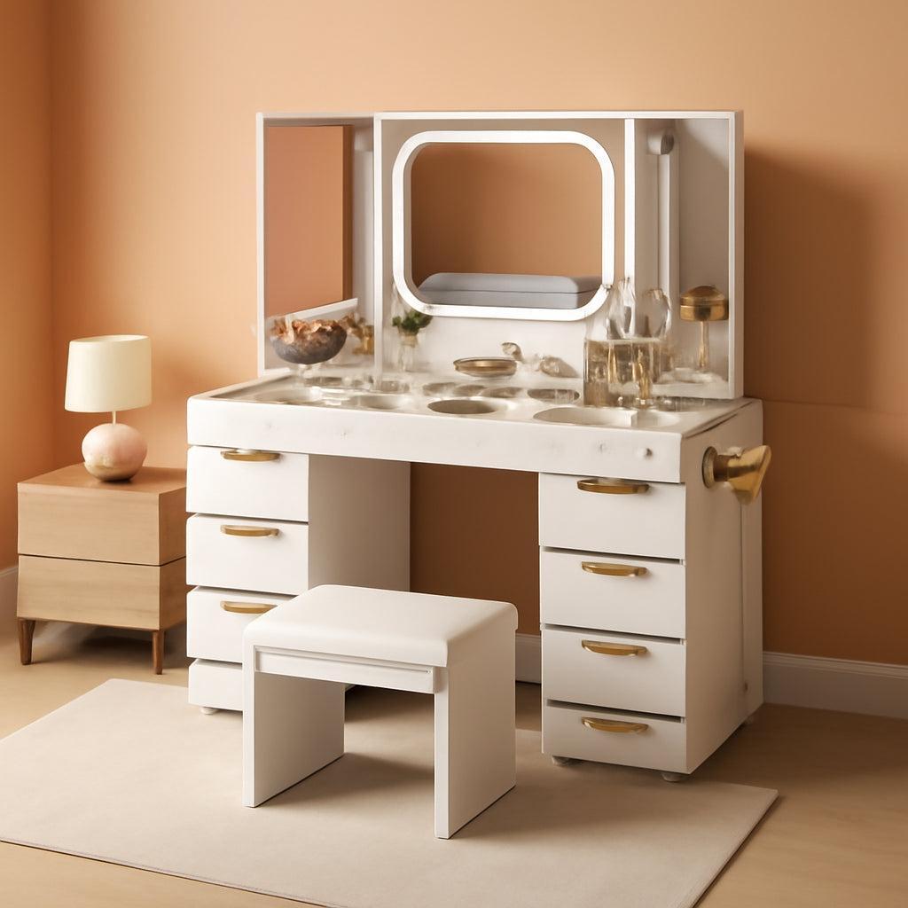 White Glass Top Vanity Desk With Integrated Lighting