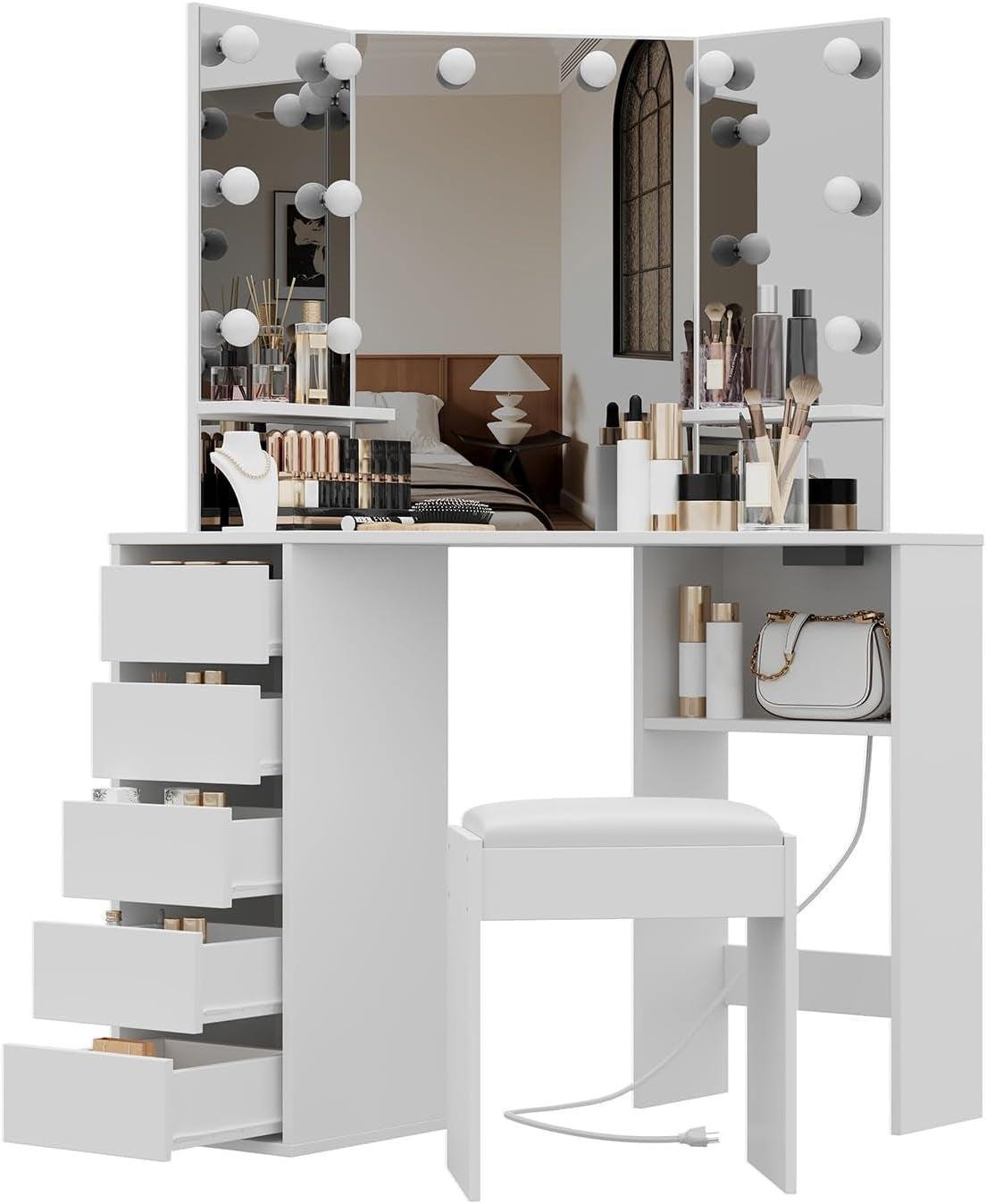 White Corner Vanity Desk With Illumination Modules