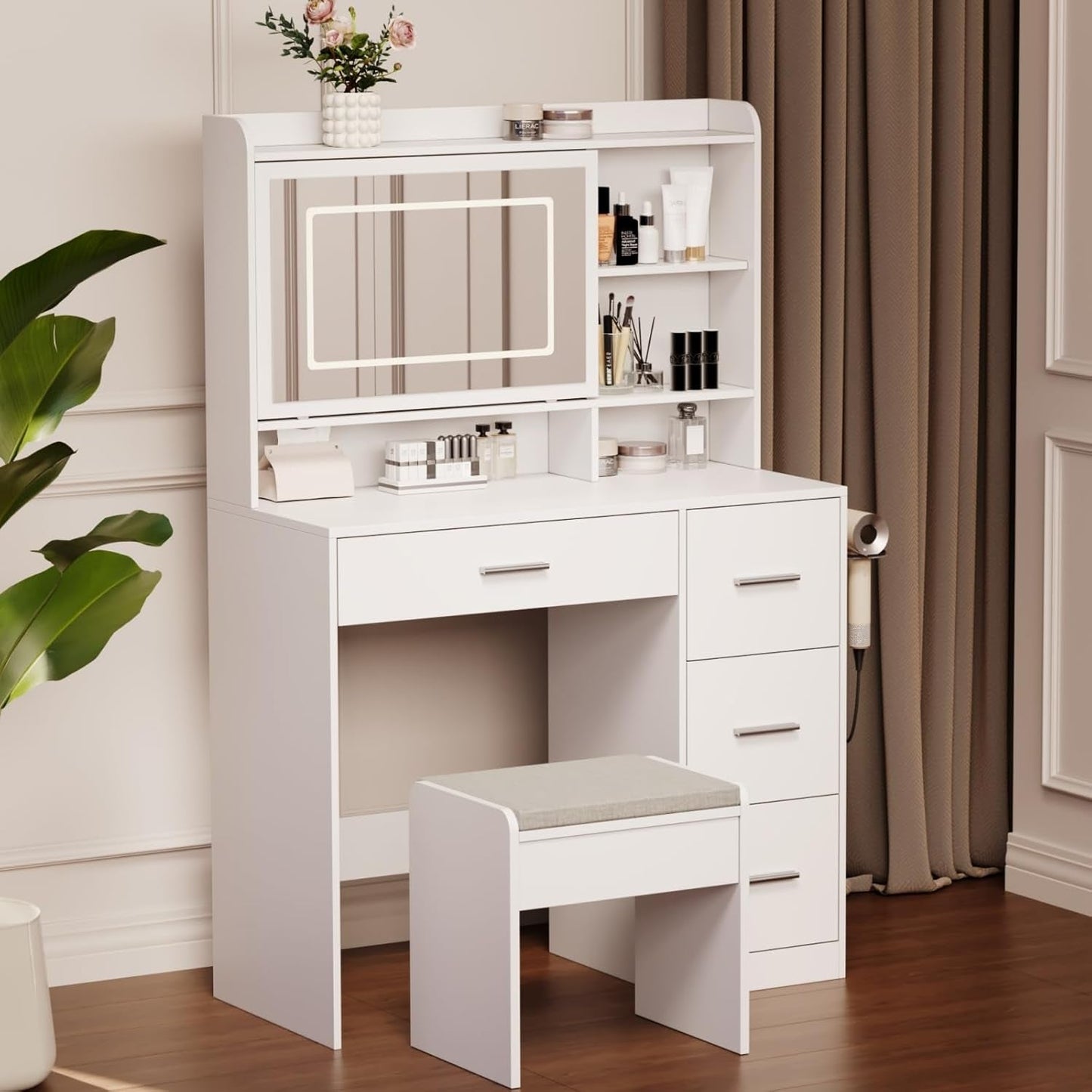 White Vanity Desk With Illuminated Mirror Lighting