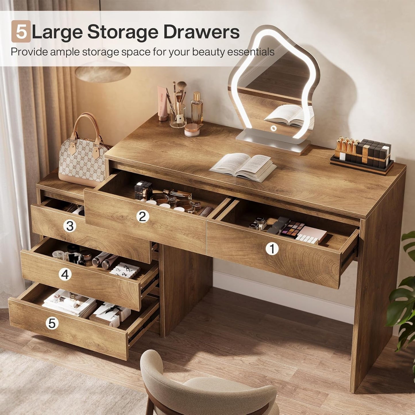 Sixty Three Inch Vanity Dressing Desk With Detachable Chest Cabinet