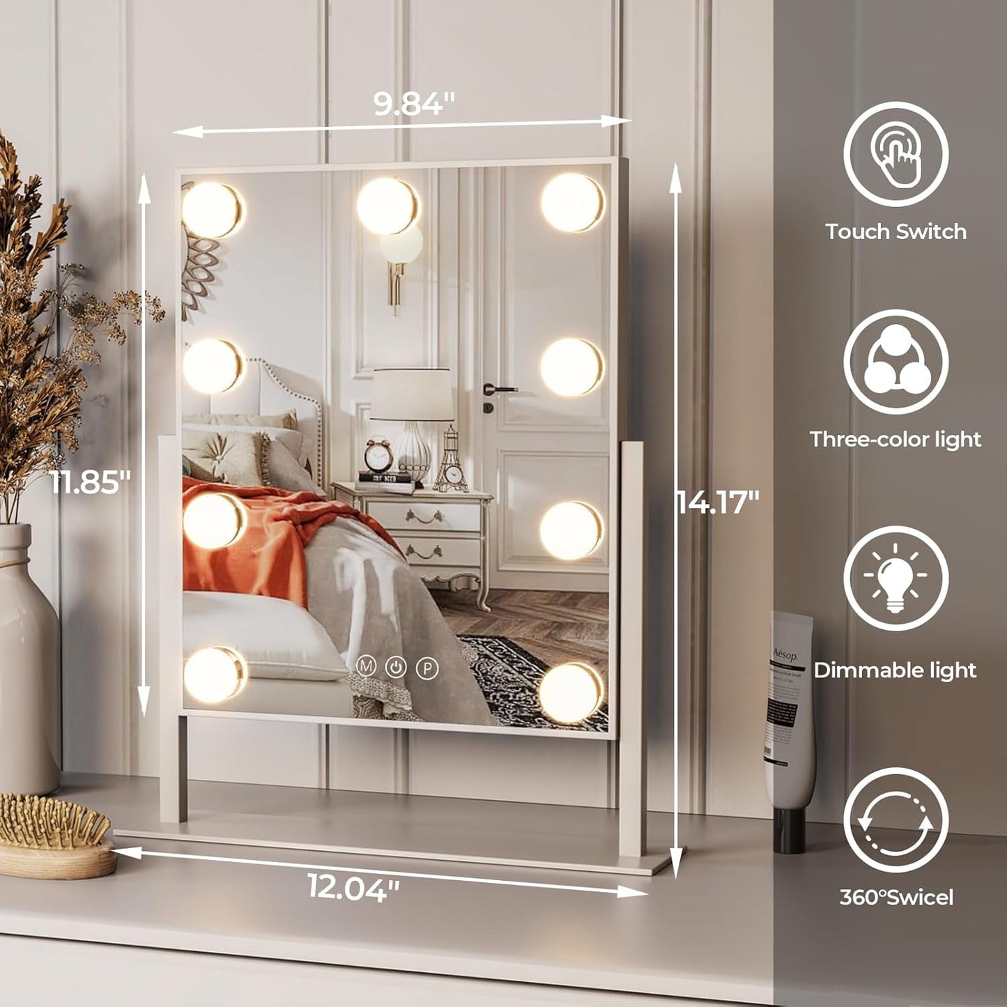 Vanity Makeup Mirror With Lights Dimmable 360Rotation