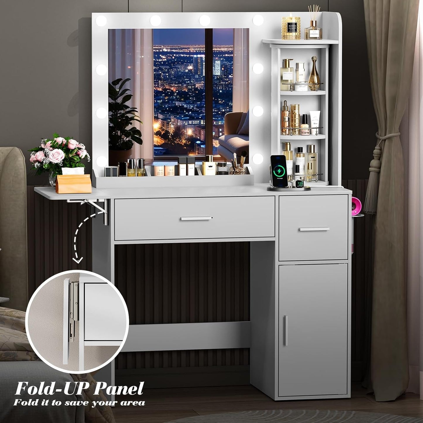 White Vanity Desk Featuring Rotating Jewelry Organizer