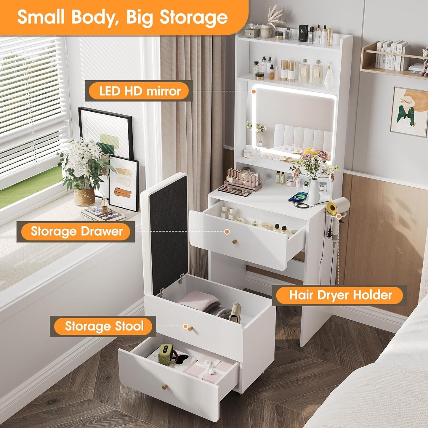 White Makeup Vanity Desk With High Capacity USB Charging