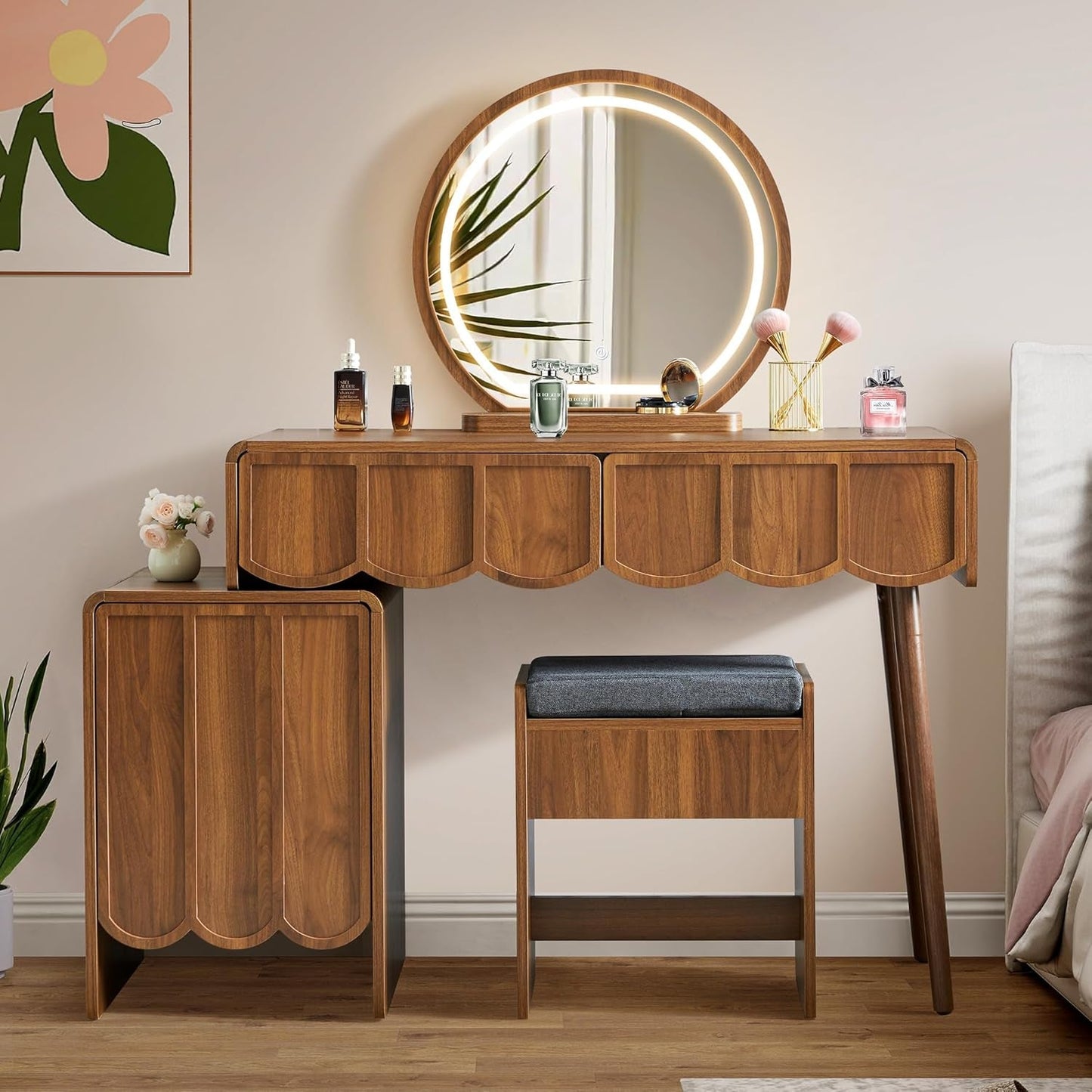 Walnut Vanity Desk Mirror With Integrated Lighting
