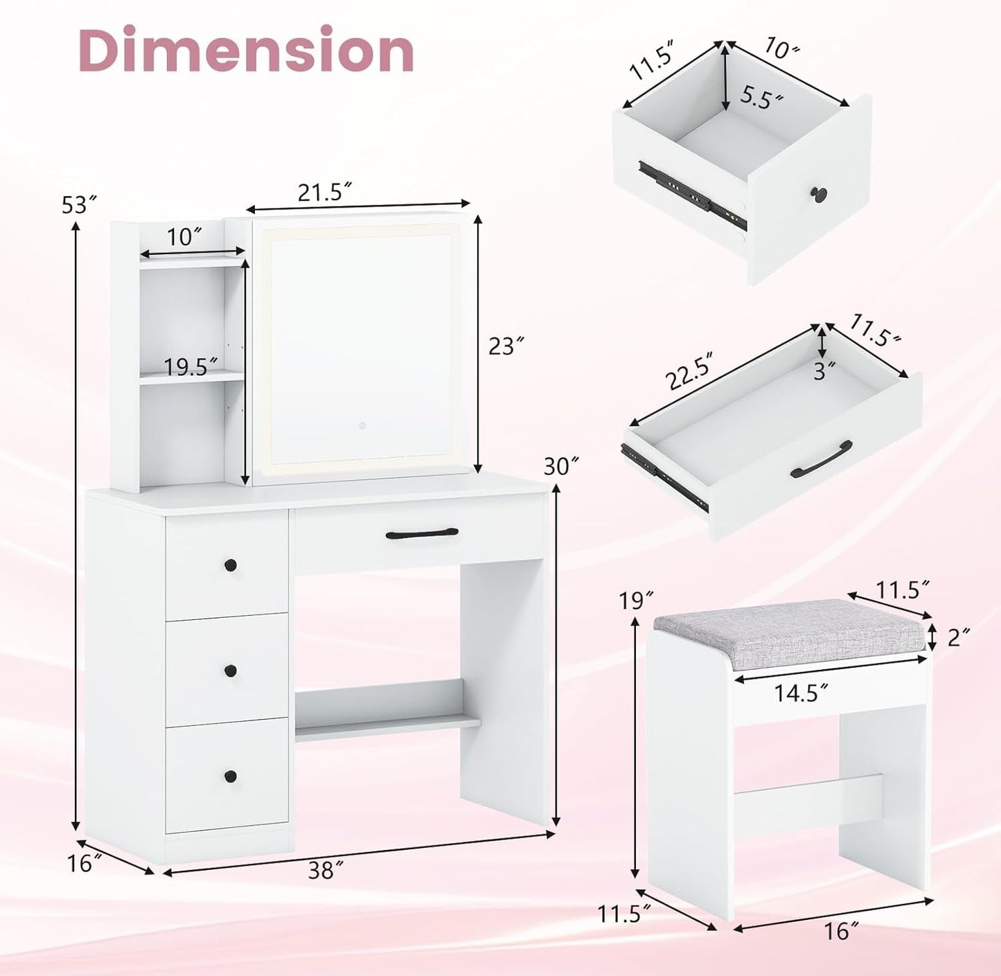 38 Inch Vanity Desk With White Luxurious Illuminated Mirror