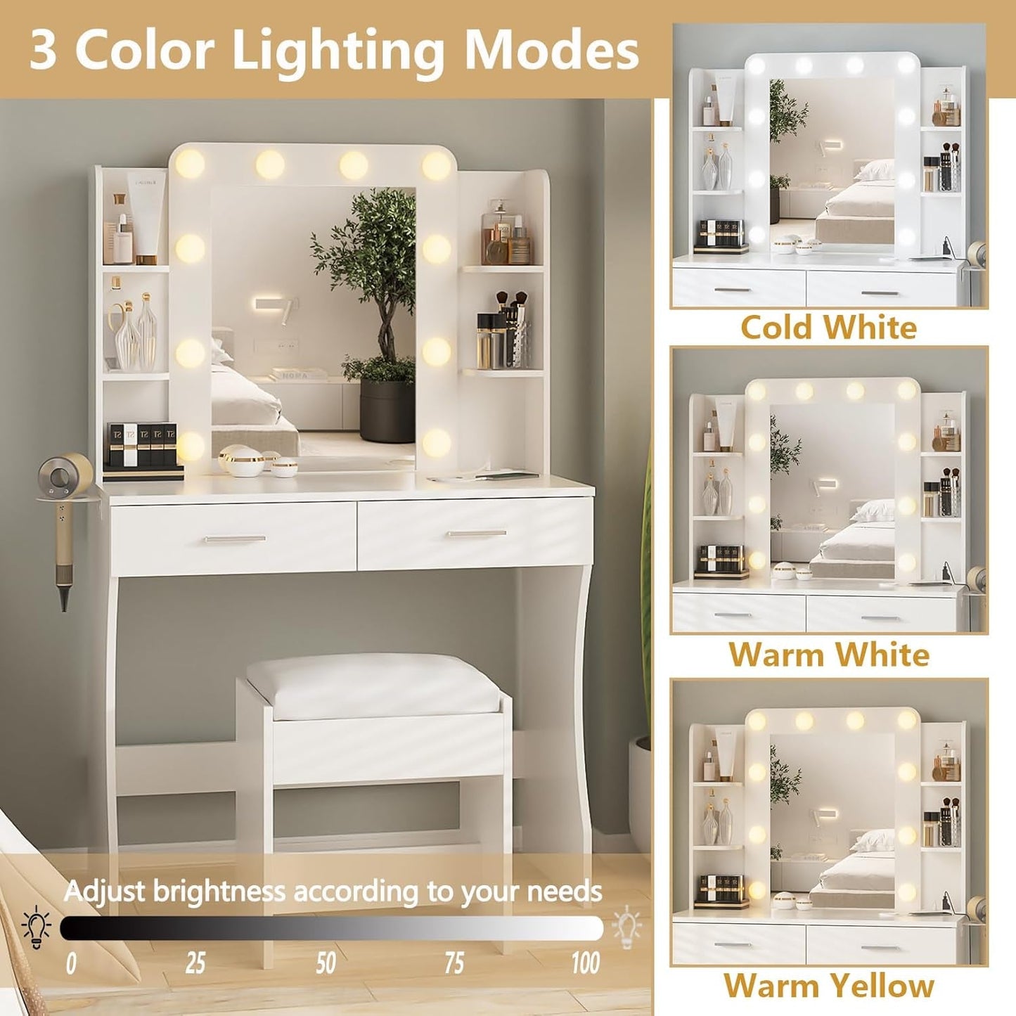 Vanity Desk White Ceramic Finishes LED Illumination