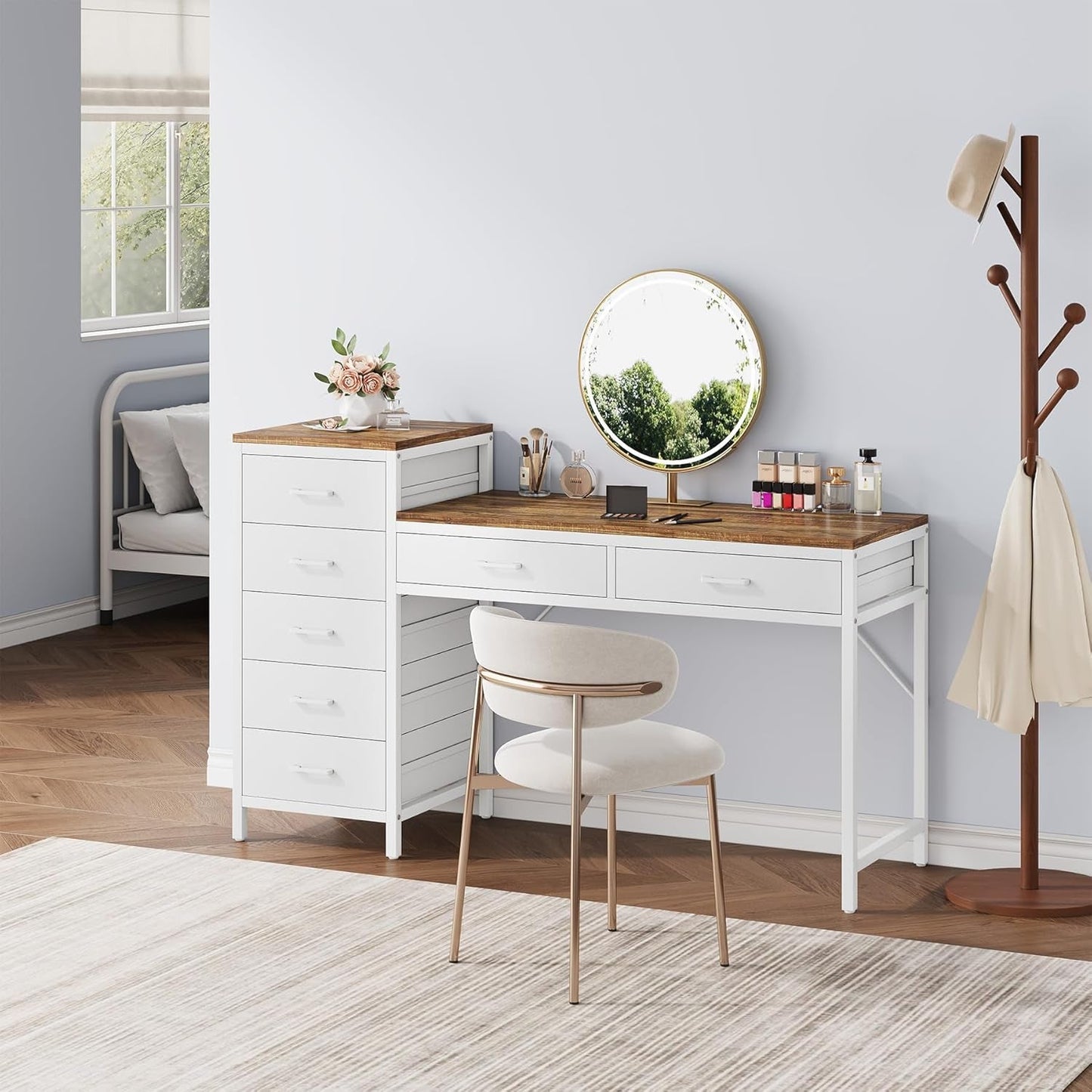 Fifty Five Inch Makeup Vanity Desk With Reversible Drawers