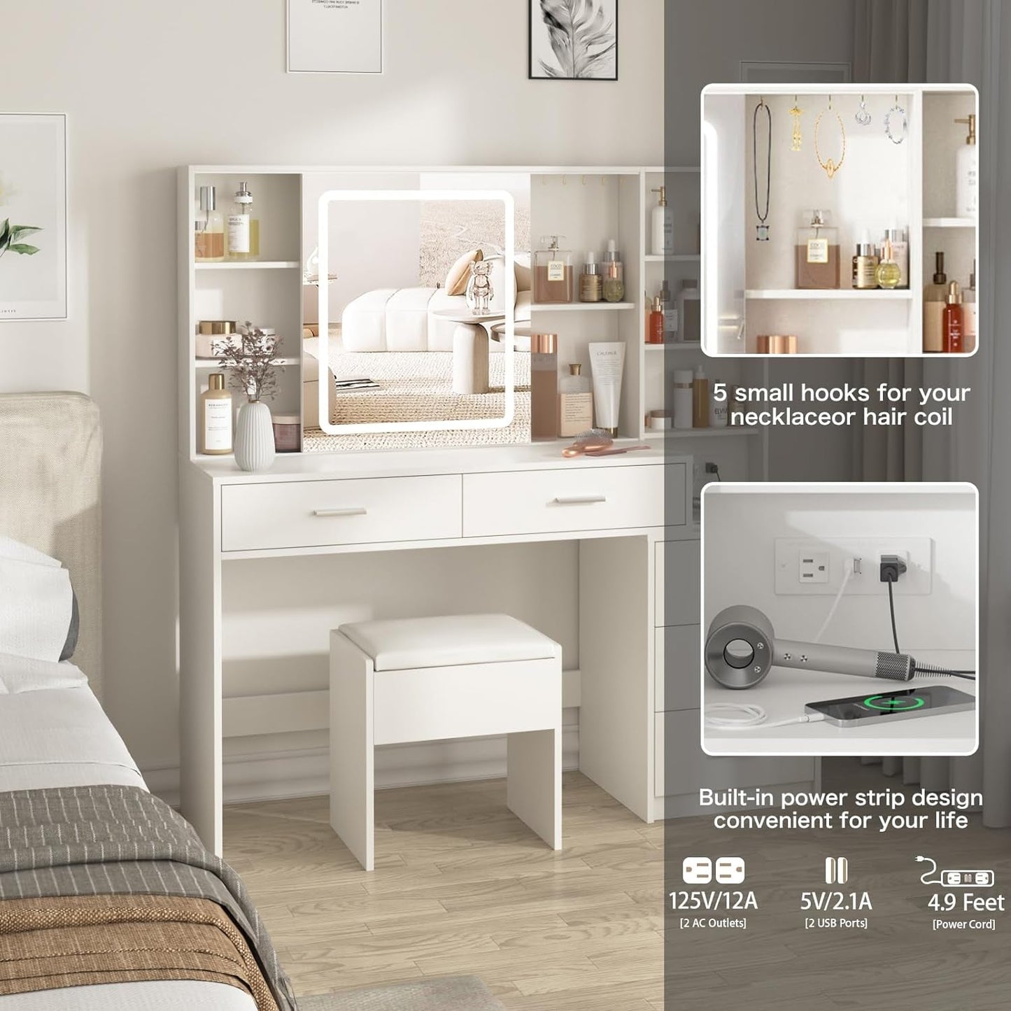 White Vanity Desk With Illuminated Mirror USB Charging Port