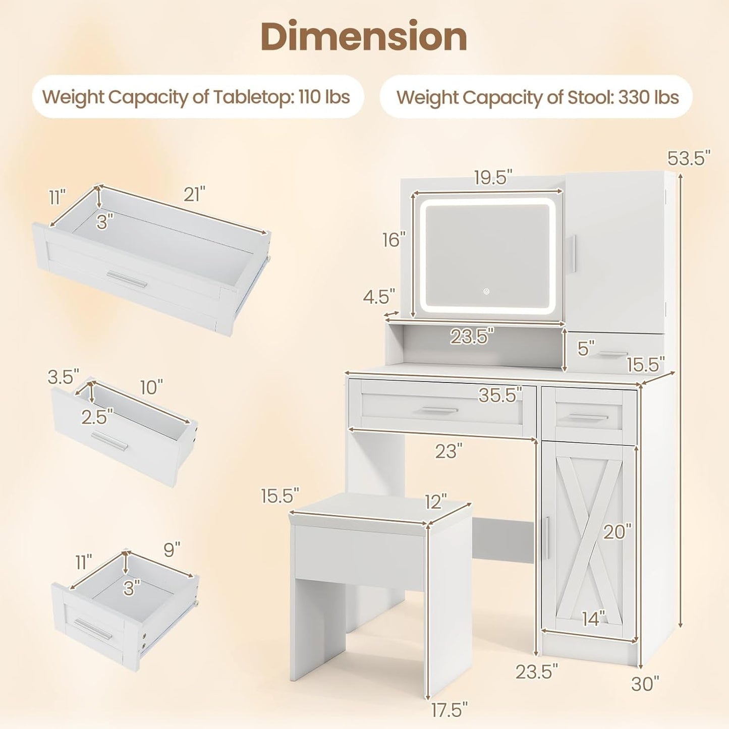 White Vanity Desk Featuring Mirror Lights 35.5 Inch