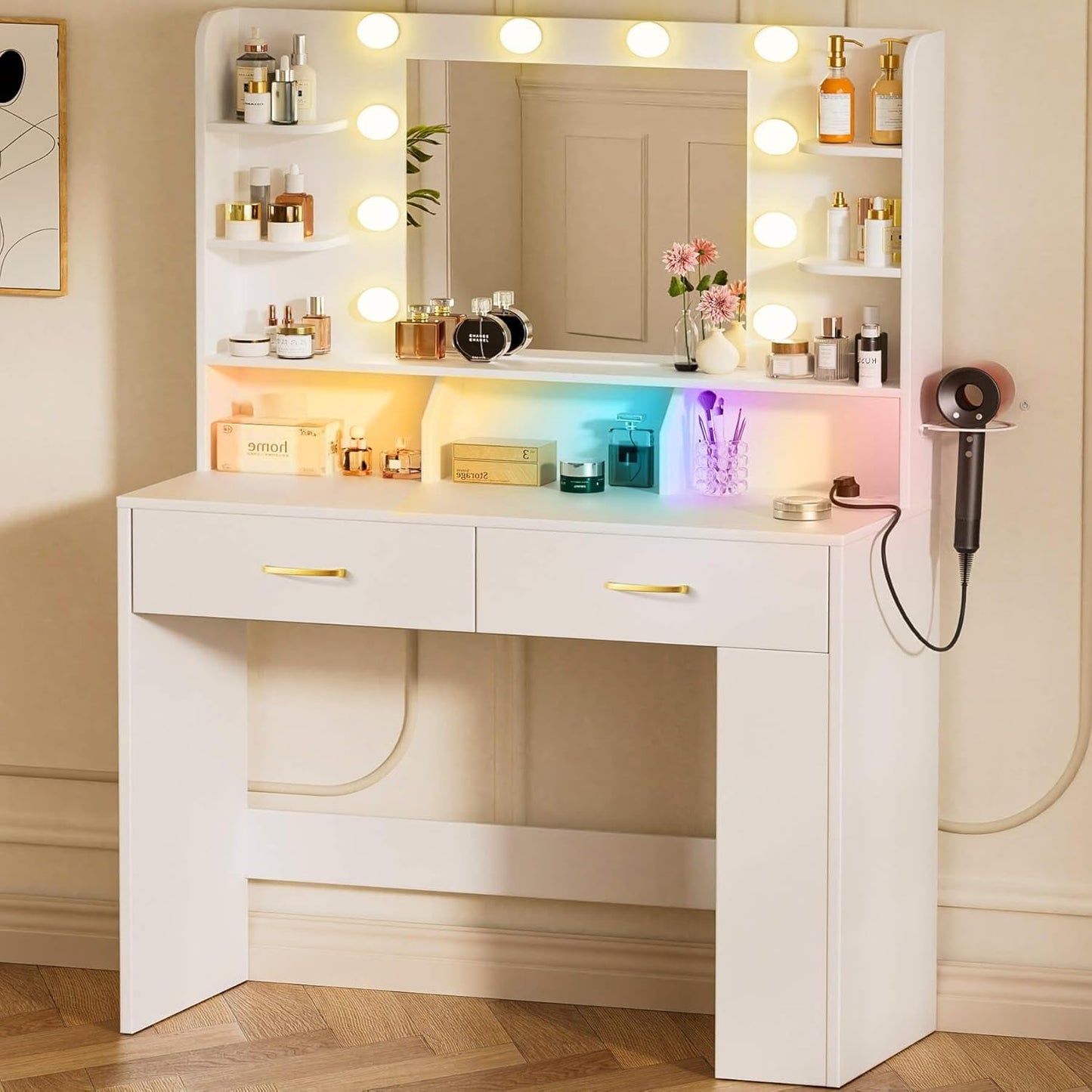 White LED Vanity Desk With Illuminated Makeup Mirror